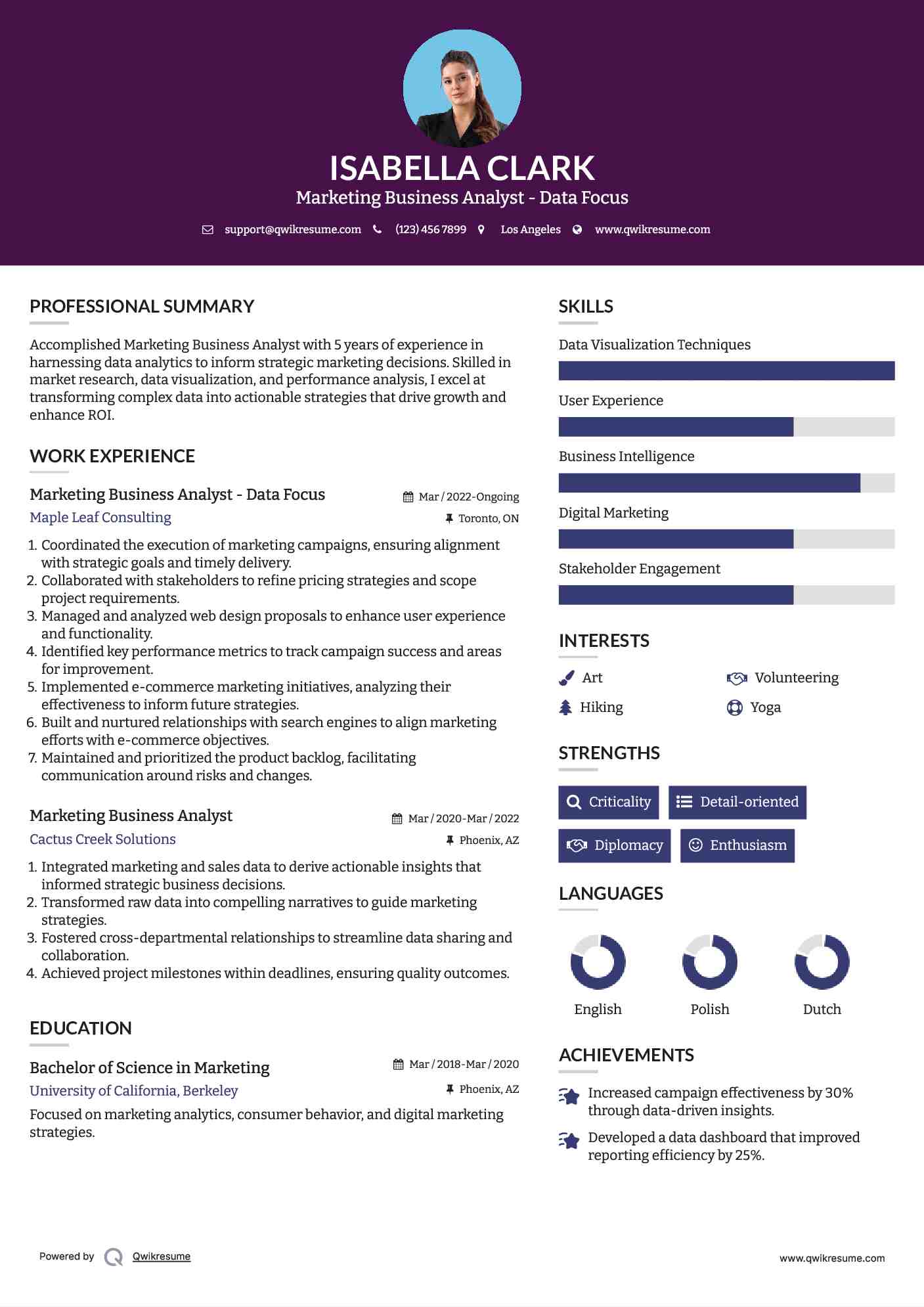 Marketing Business Analyst - Data Focus Resume Example