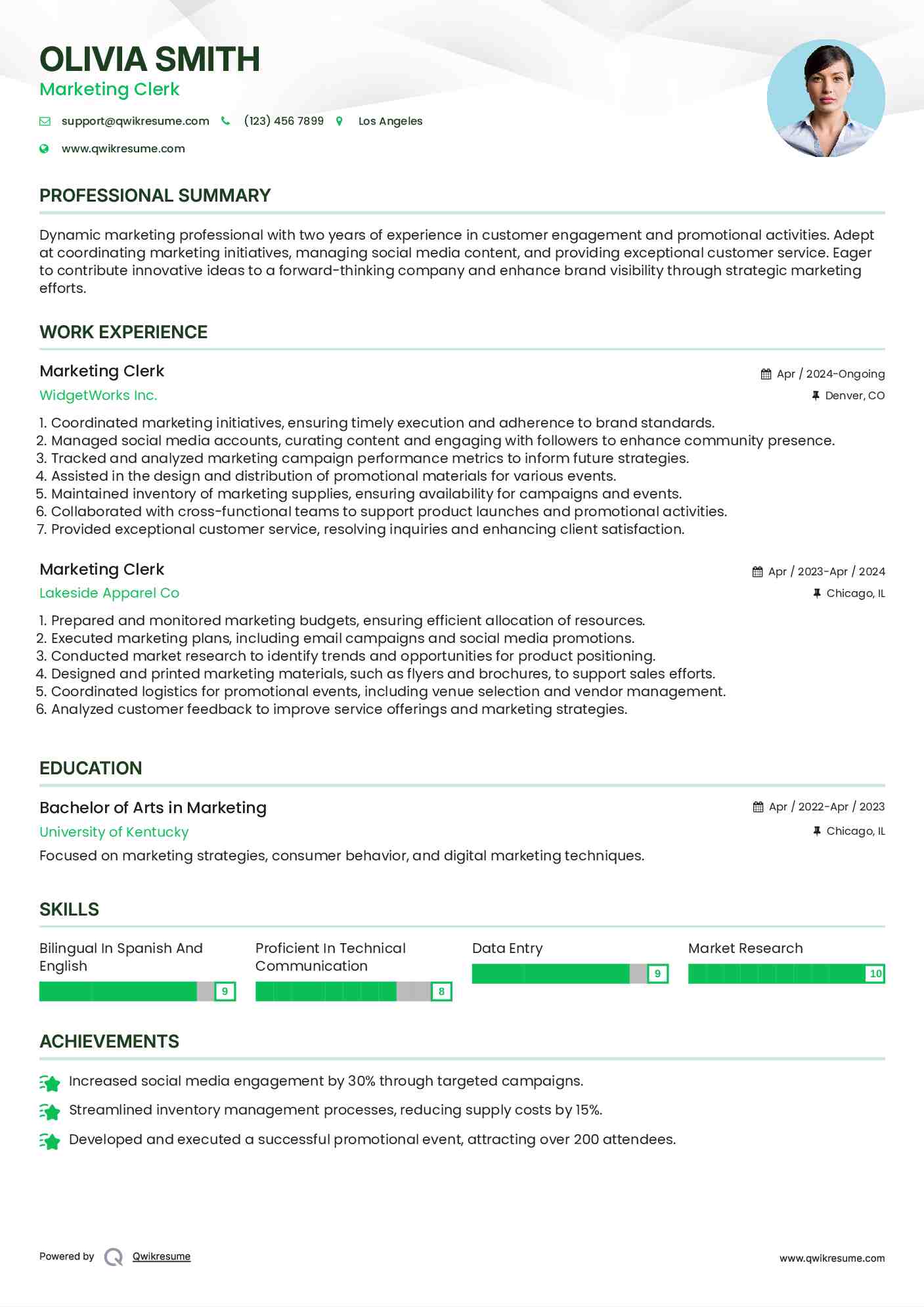 Marketing Clerk Resume Example
