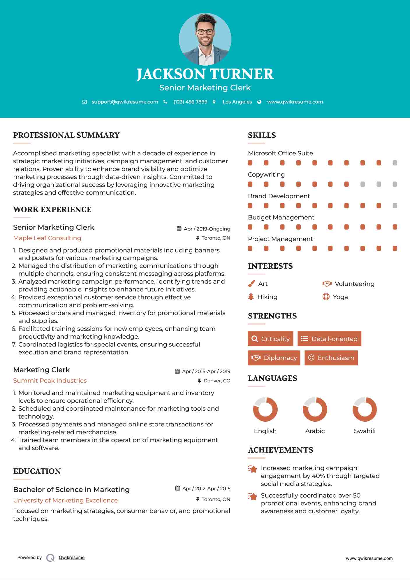 Senior Marketing Clerk Resume Format