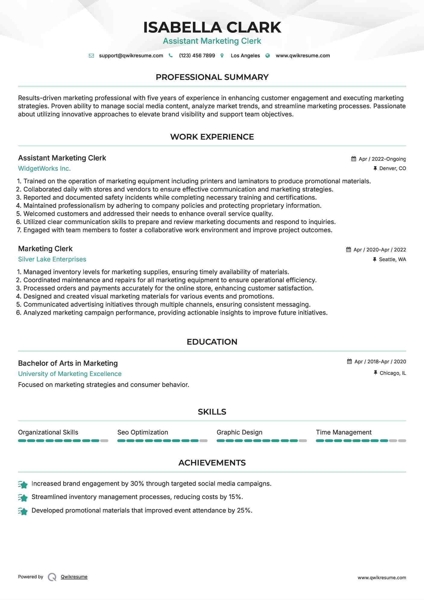 Assistant Marketing Clerk Resume Model