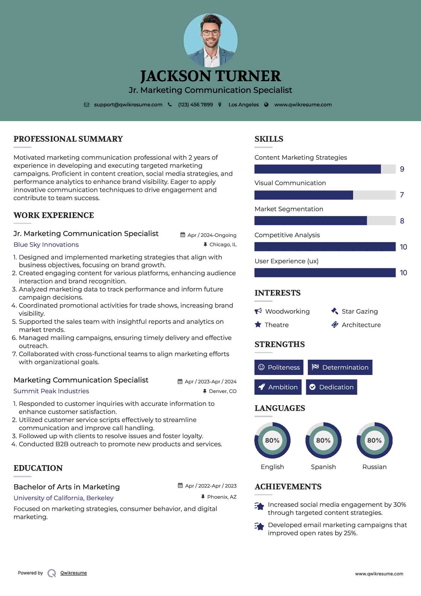 Jr. Marketing Communication Specialist Resume Example