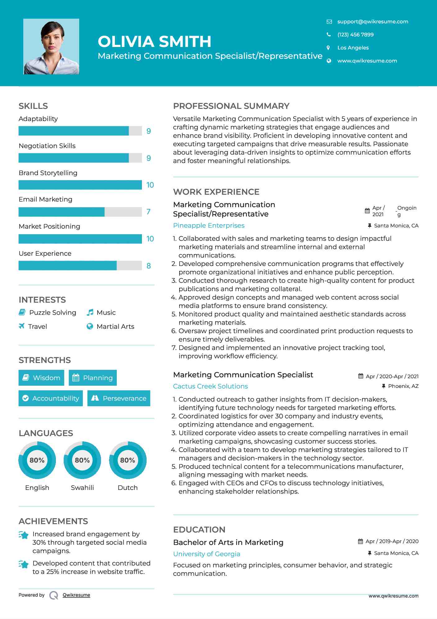Marketing Communication Specialist/Representative Resume Template