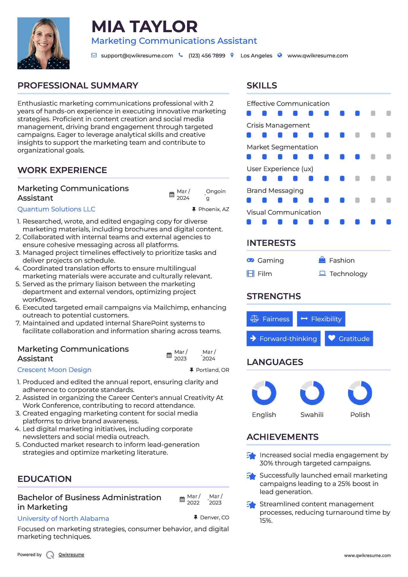 Marketing Communications Assistant Resume Model