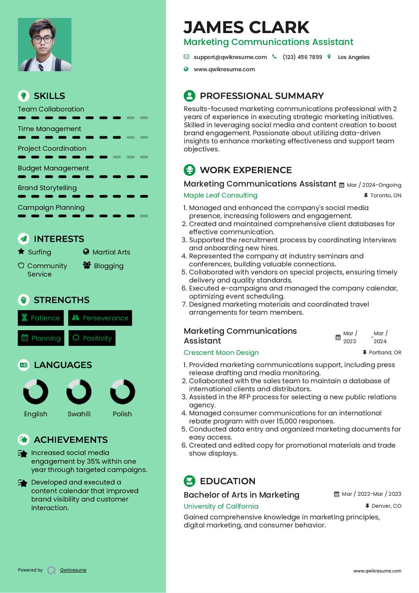 Marketing Communications Assistant Resume Example