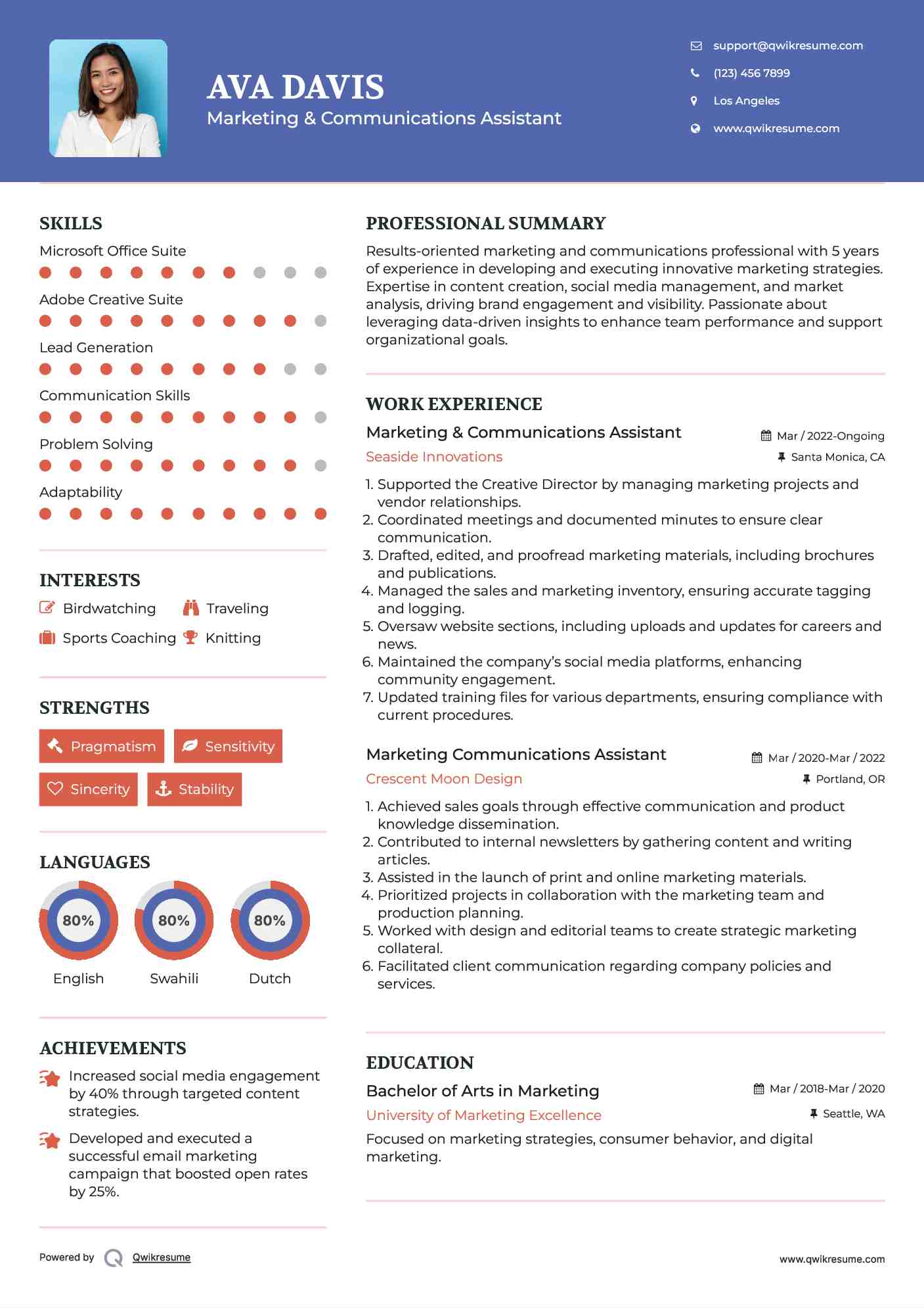 Marketing & Communications Assistant Resume Template