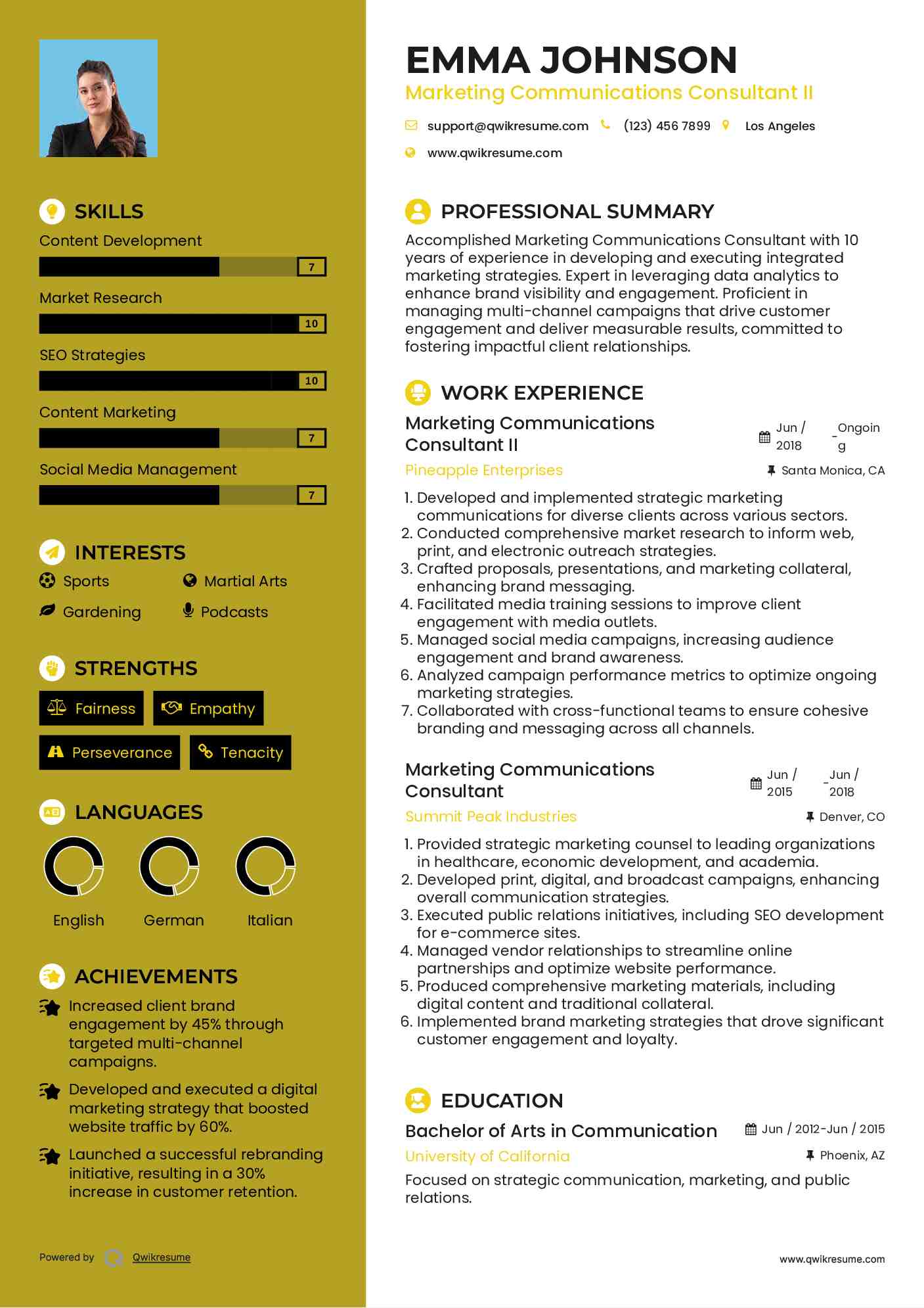 Marketing Communications Consultant II Resume Model