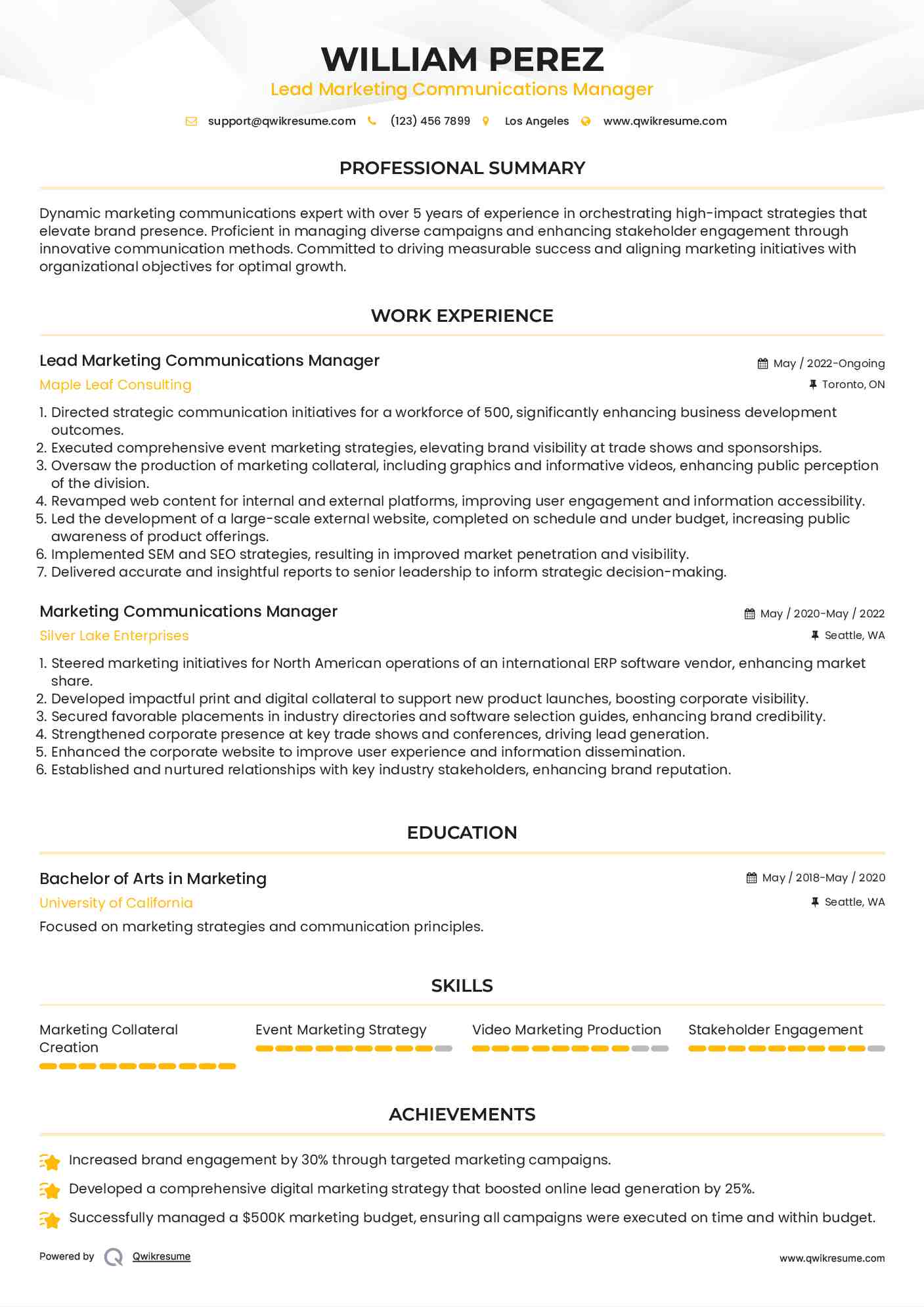 Lead Marketing Communications Manager Resume Model