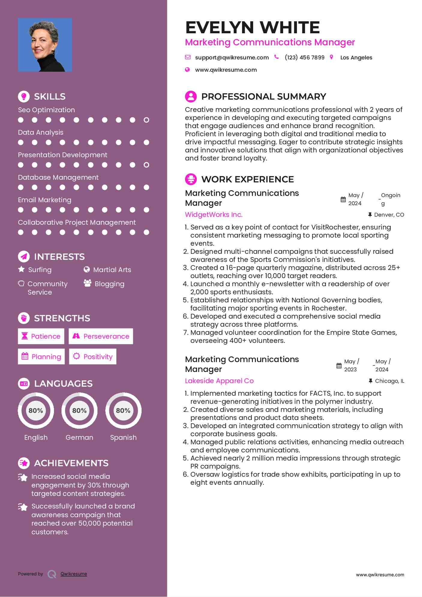 Marketing Communications Manager Resume Sample
