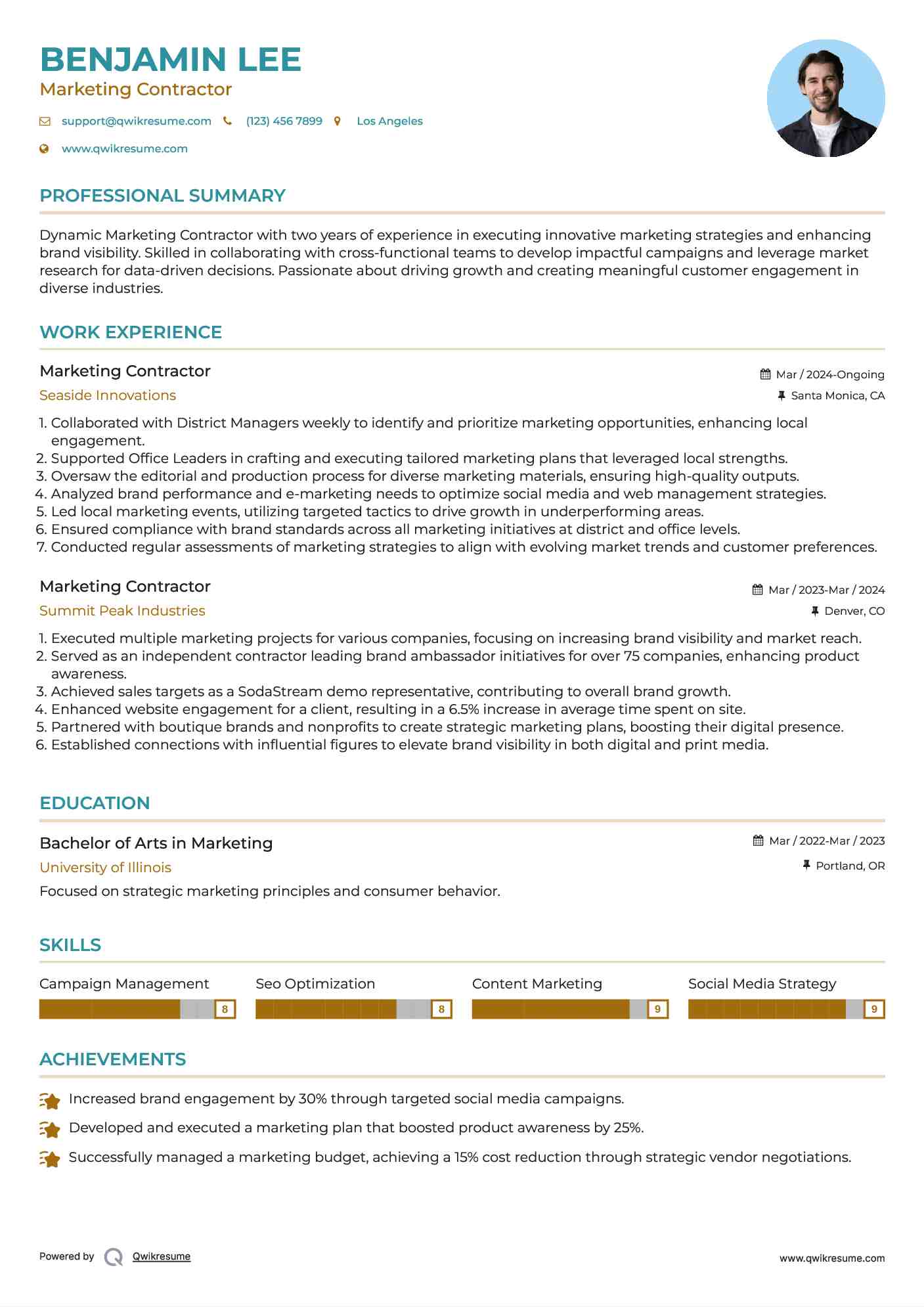 Marketing Contractor Resume Sample