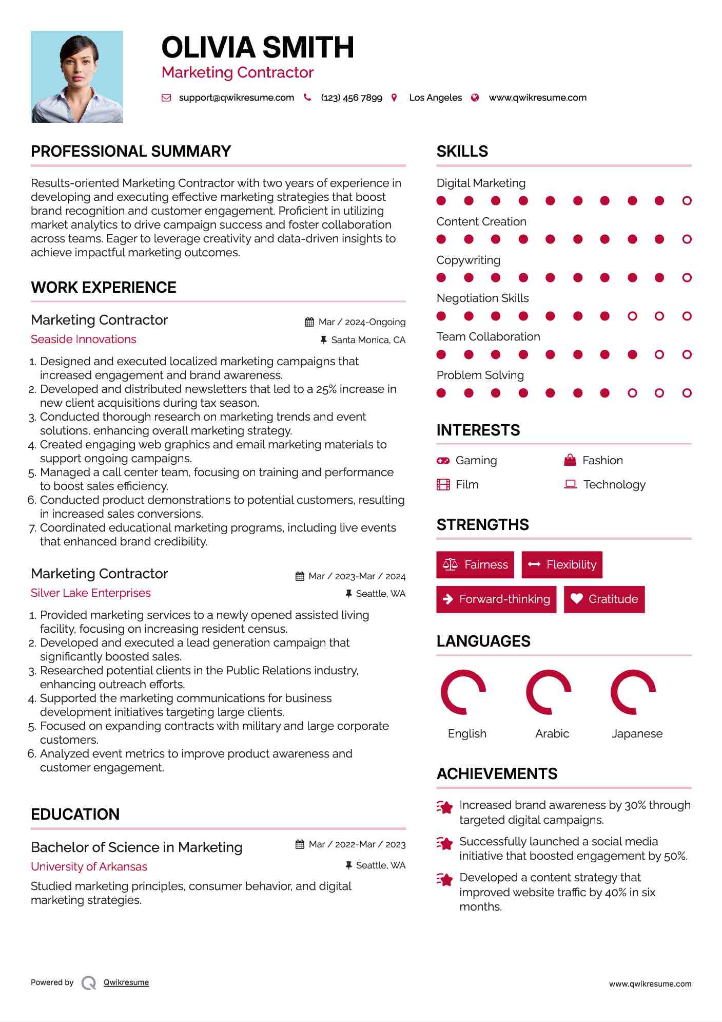 Marketing Contractor Resume Example