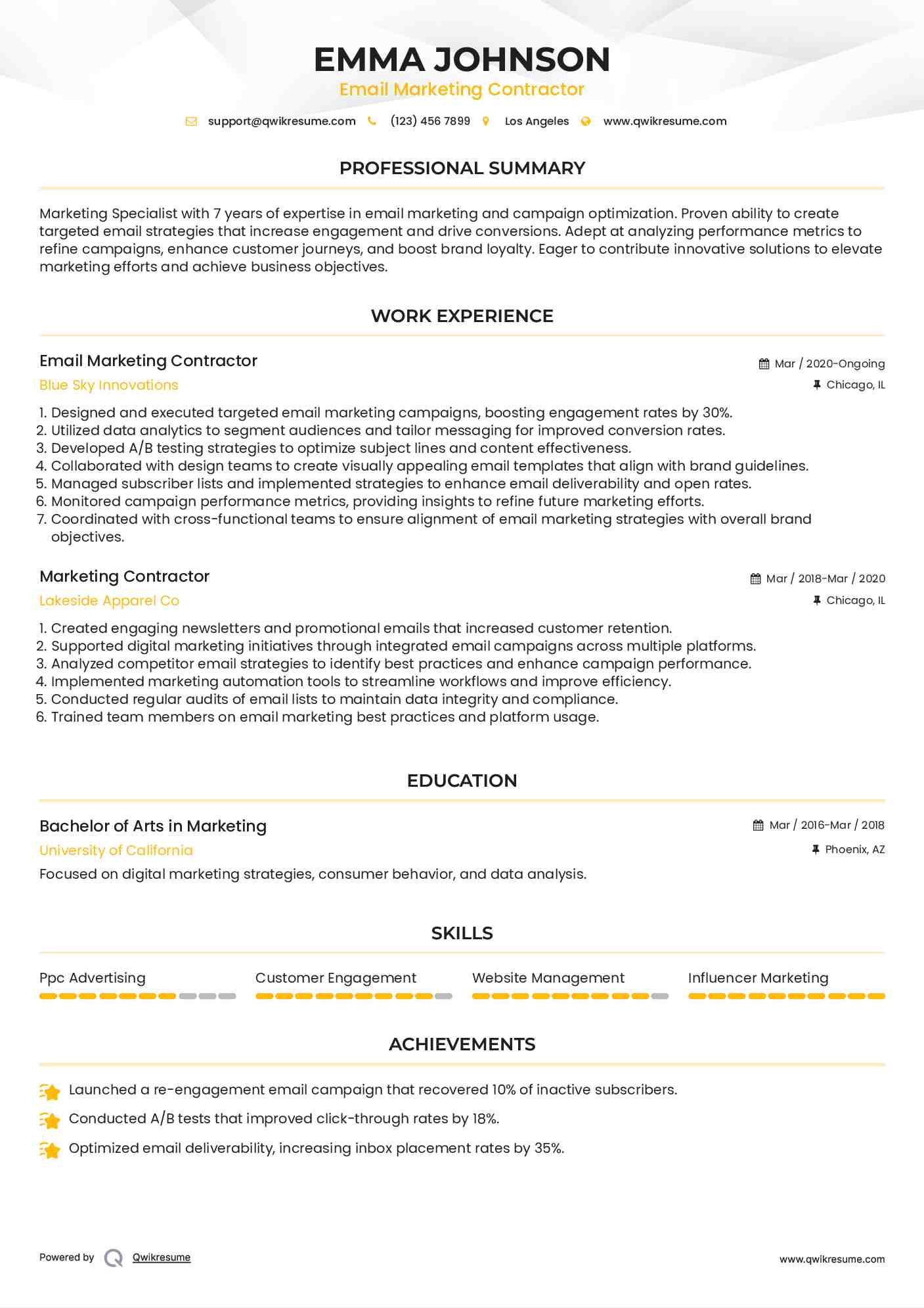 Email Marketing Contractor Resume Sample