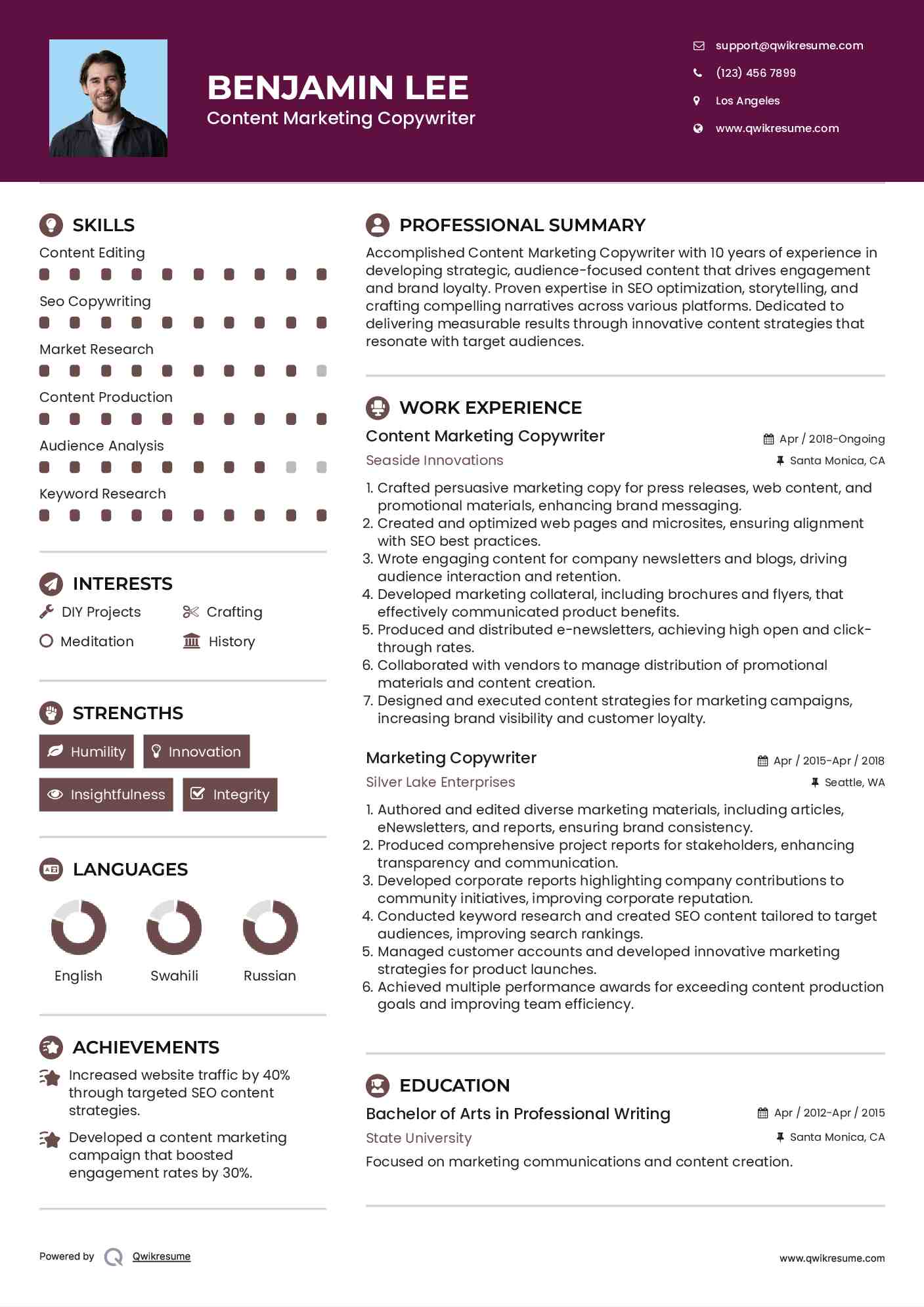 Content Marketing Copywriter Resume Template