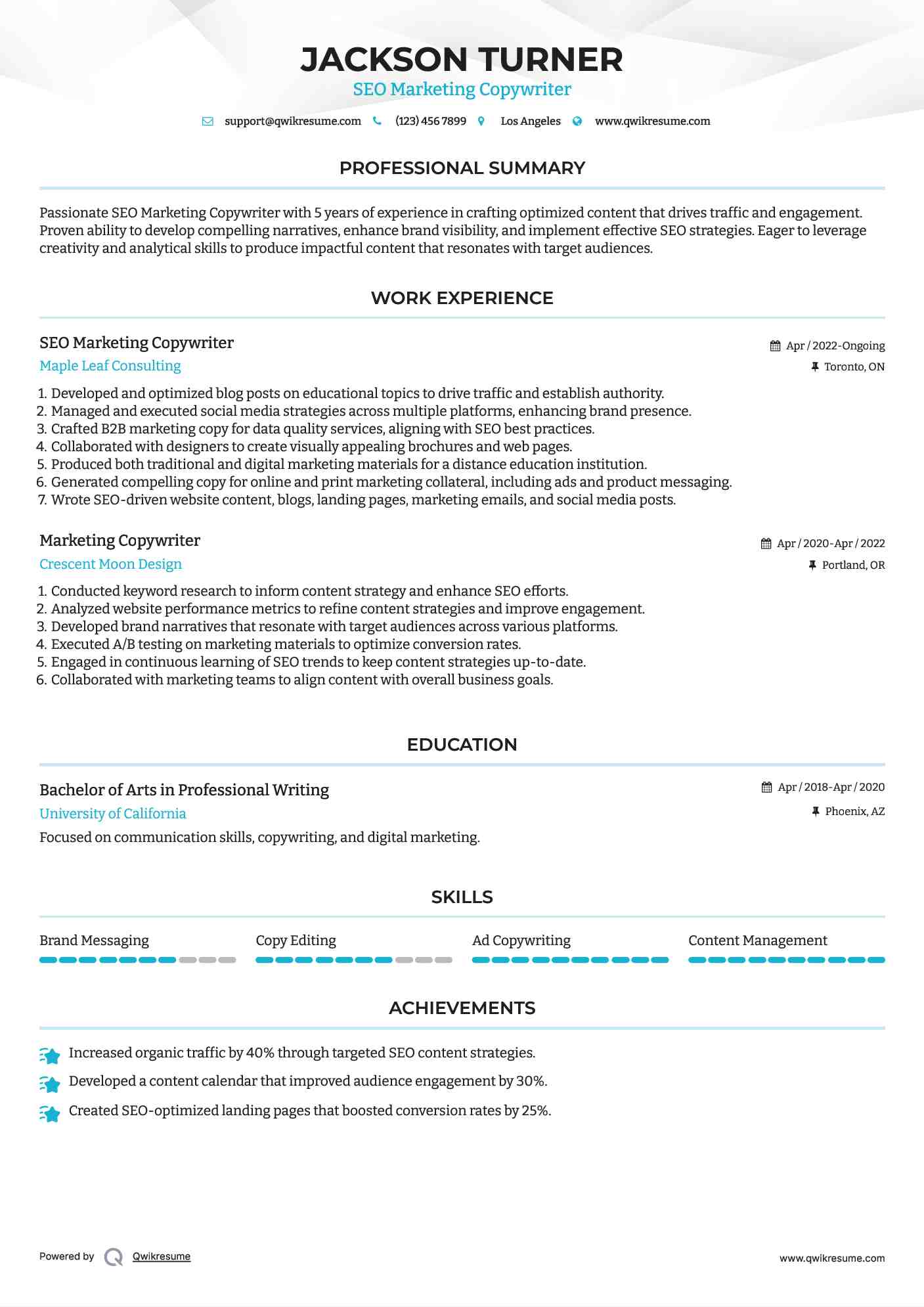 SEO Marketing Copywriter Resume Template