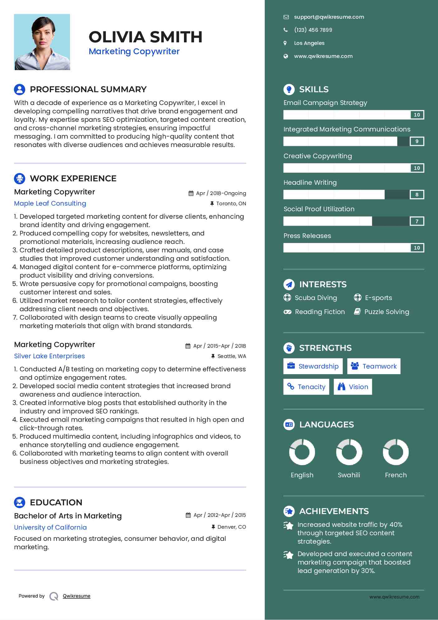 Marketing Copywriter Resume Format