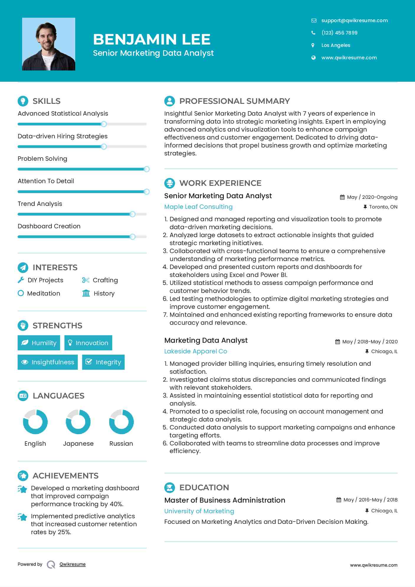 Senior Marketing Data Analyst Resume Model