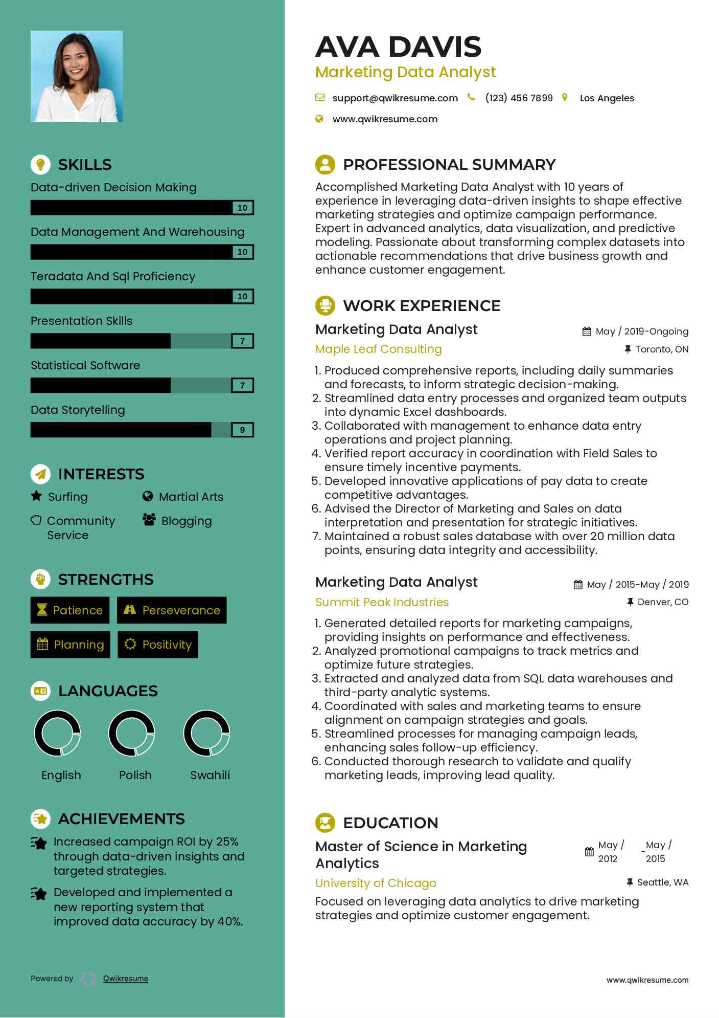Marketing Data Analyst Resume Template