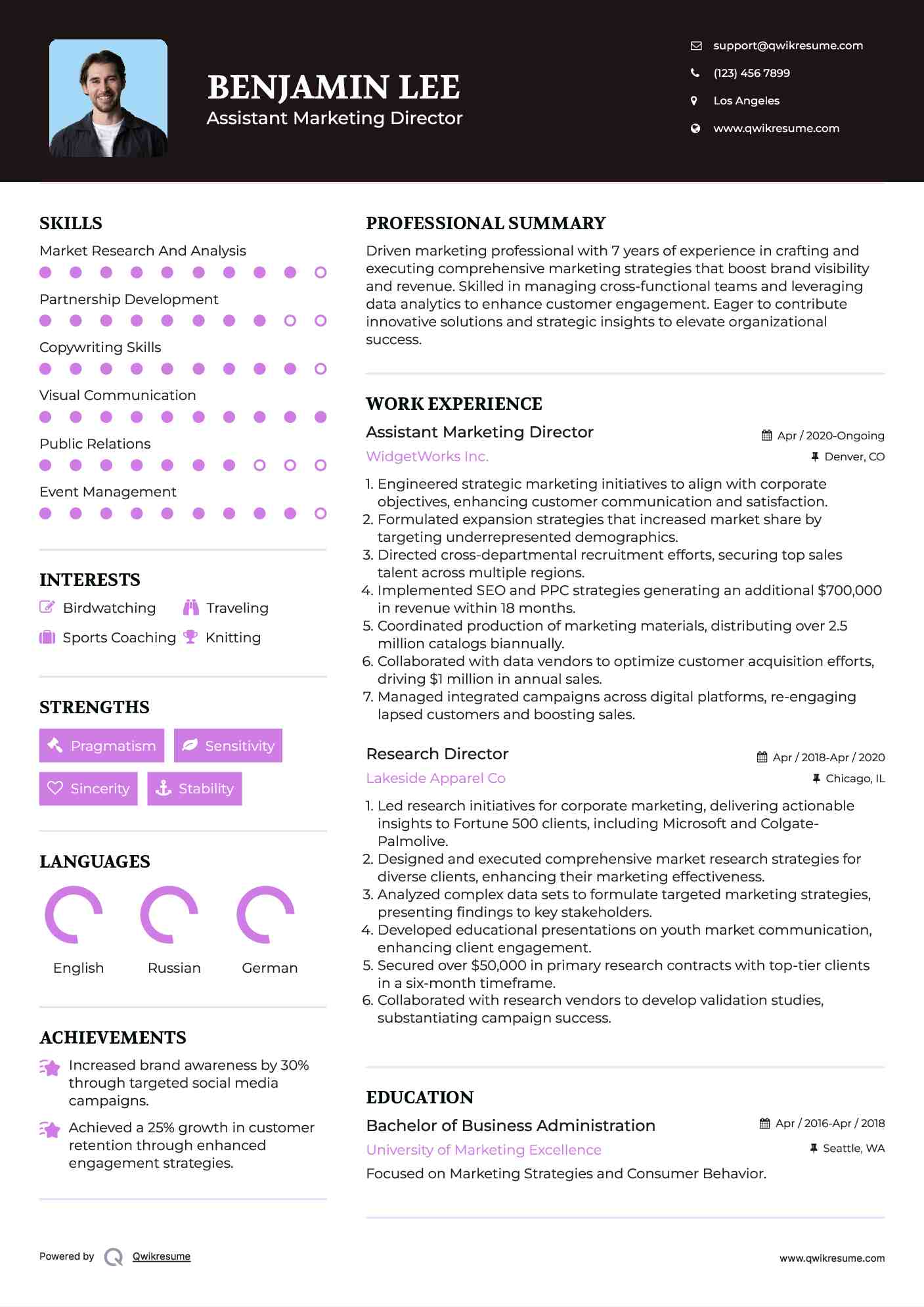 Assistant Marketing Director Resume Example