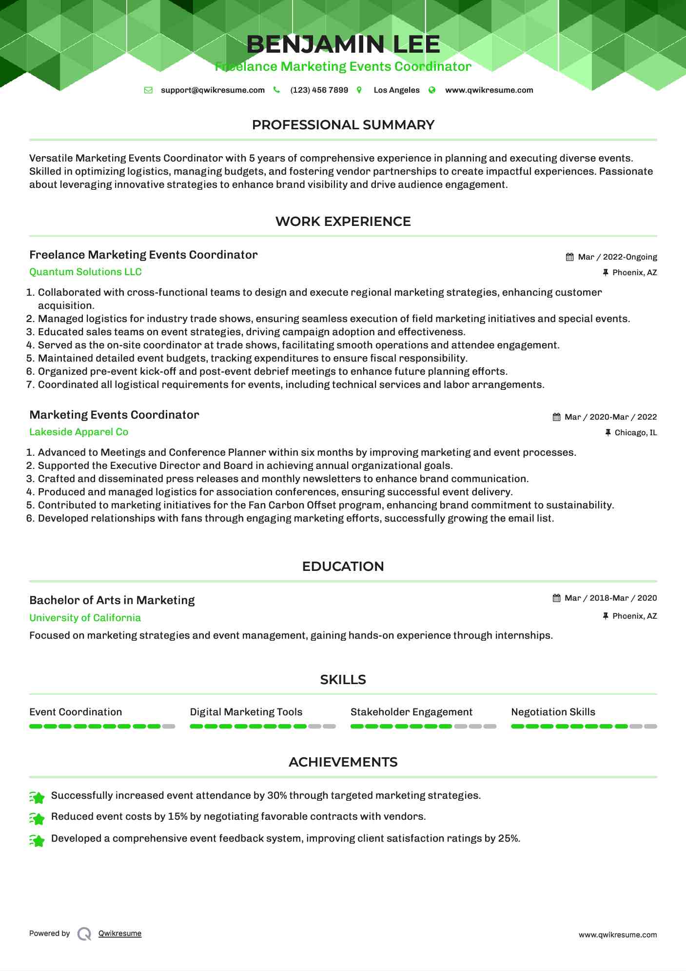 Freelance Marketing Events Coordinator Resume Format