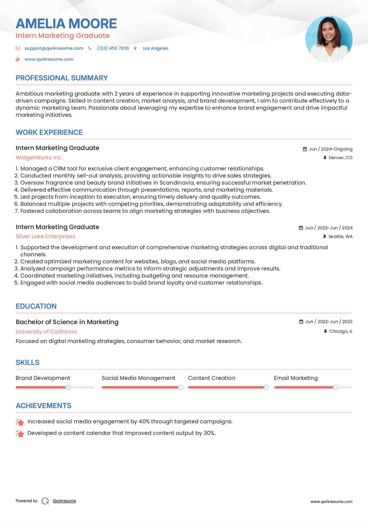 Intern Marketing Graduate Resume Model