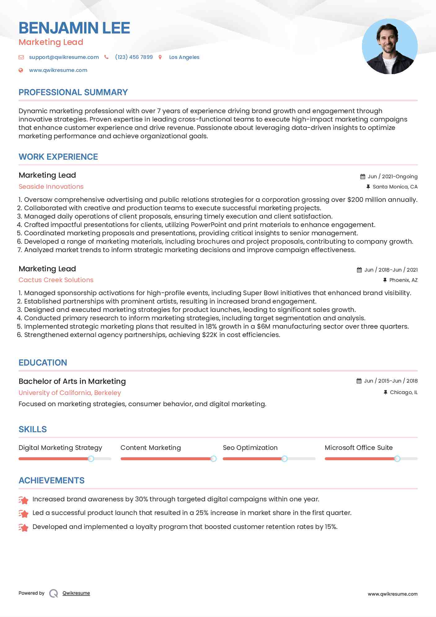 Marketing Lead Resume Example