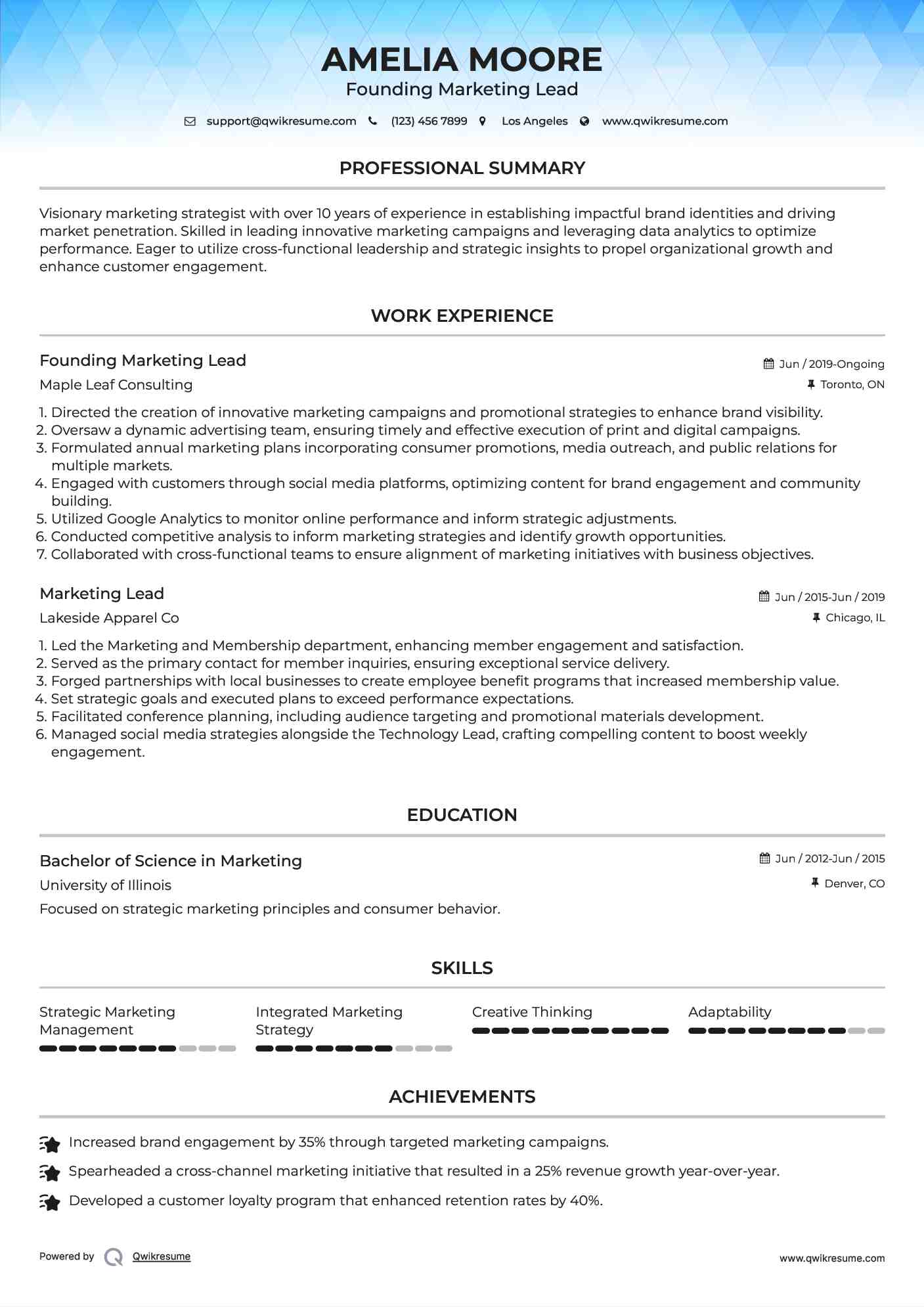 Founding Marketing Lead Resume Format