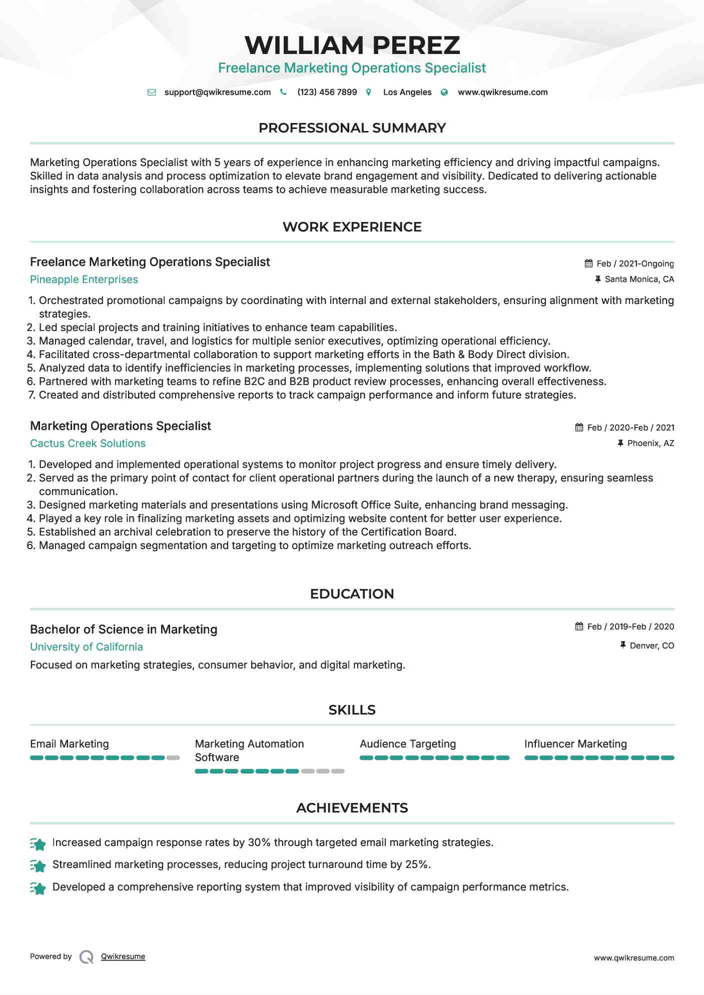 Freelance Marketing Operations Specialist Resume Template