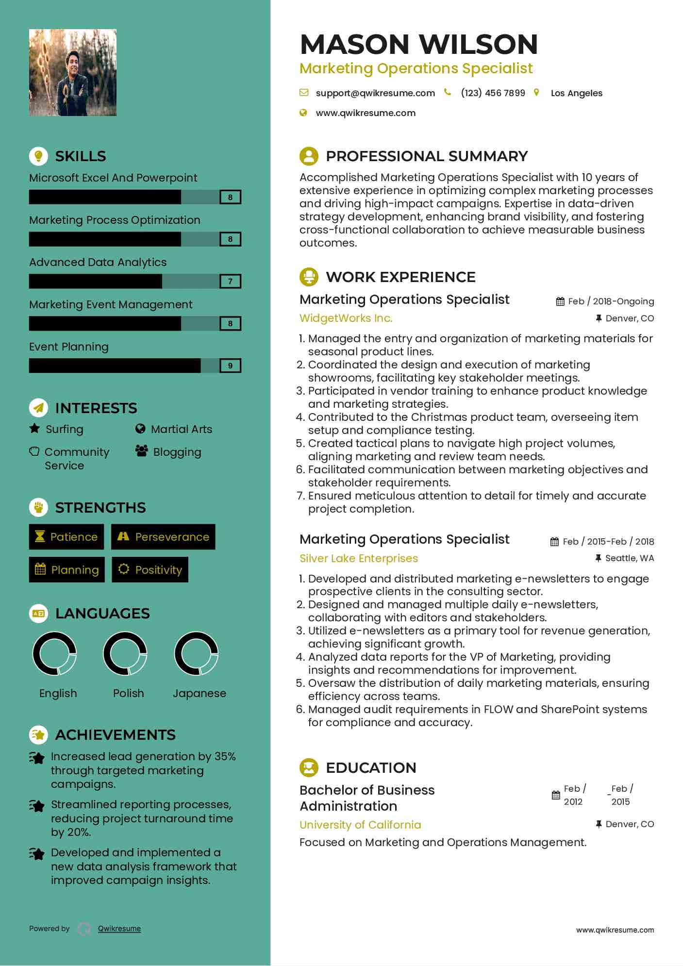 Marketing Operations Specialist Resume Format