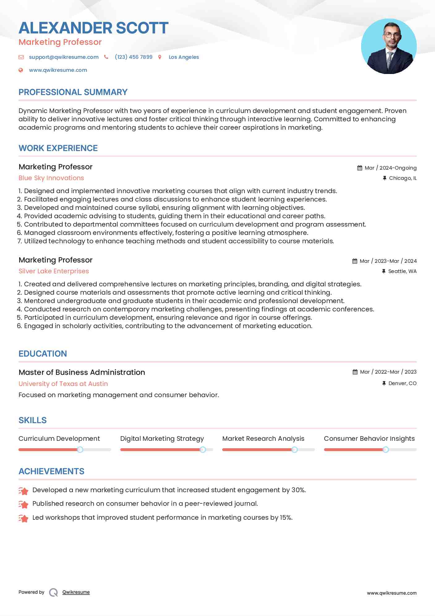 Marketing Professor Resume Example