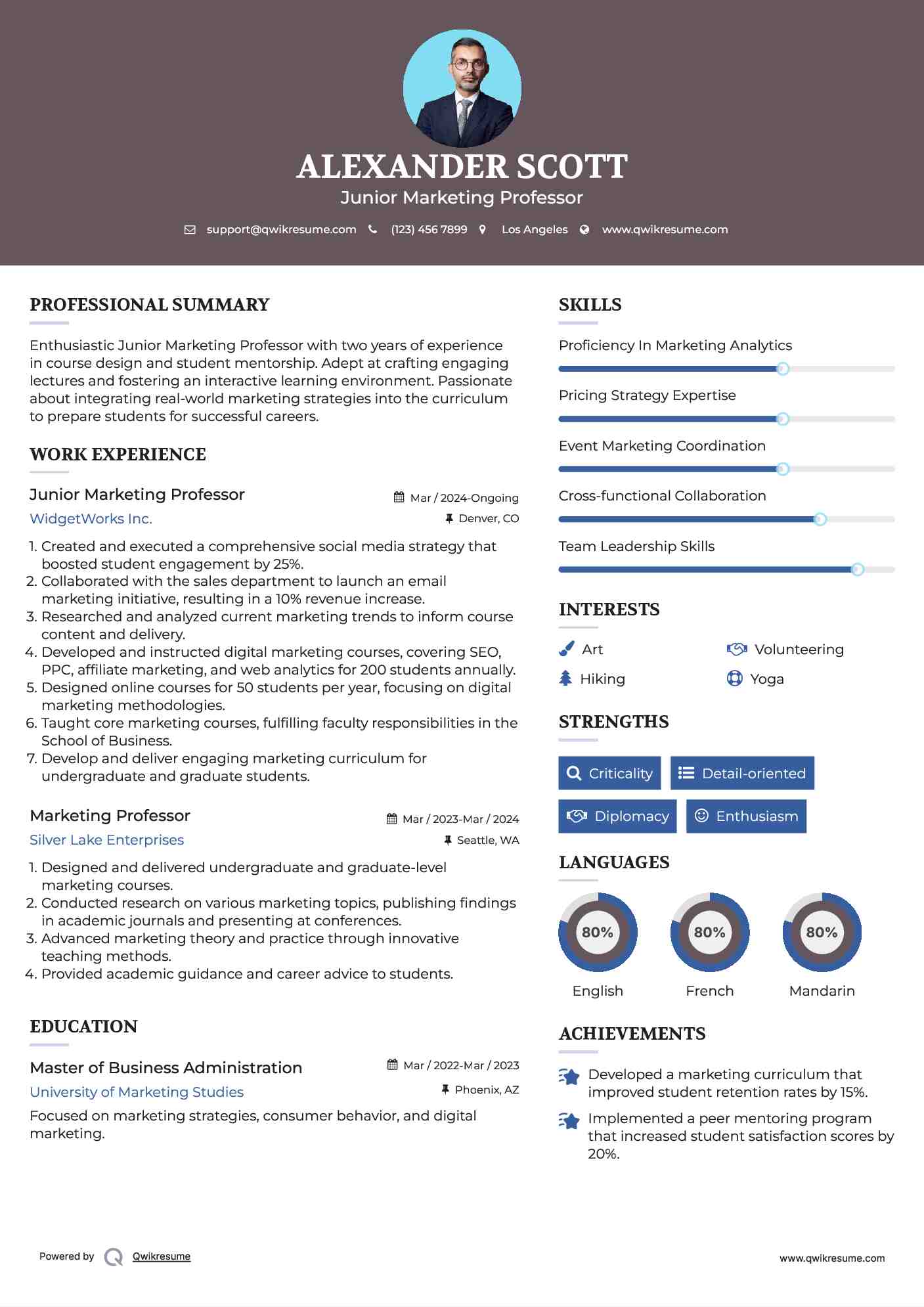 Junior Marketing Professor Resume Format