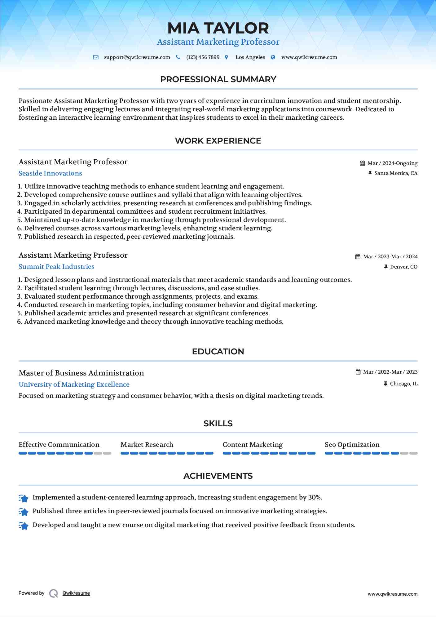 Assistant Marketing Professor Resume Sample