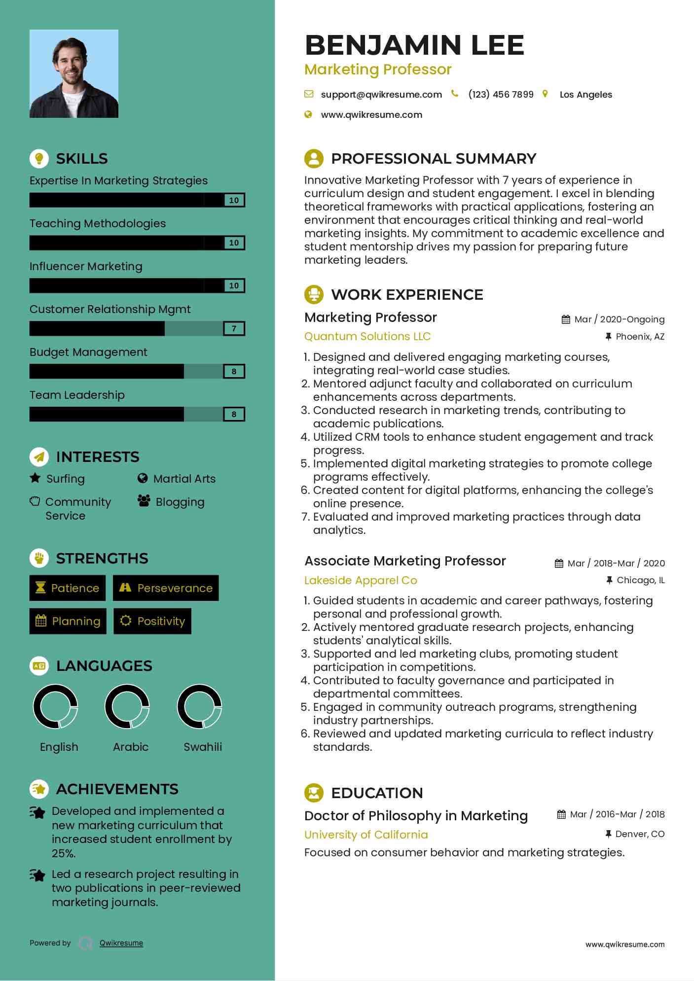 Marketing Professor Resume Format