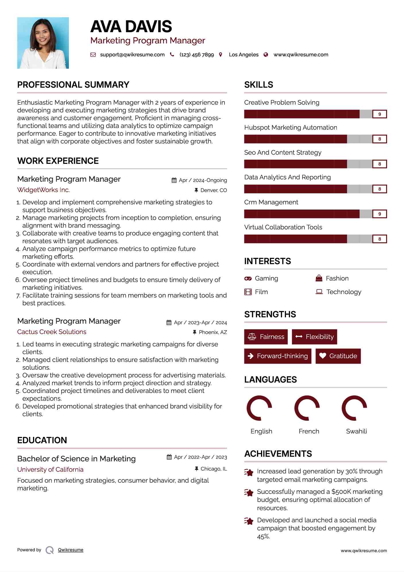 Marketing Program Manager Resume Sample
