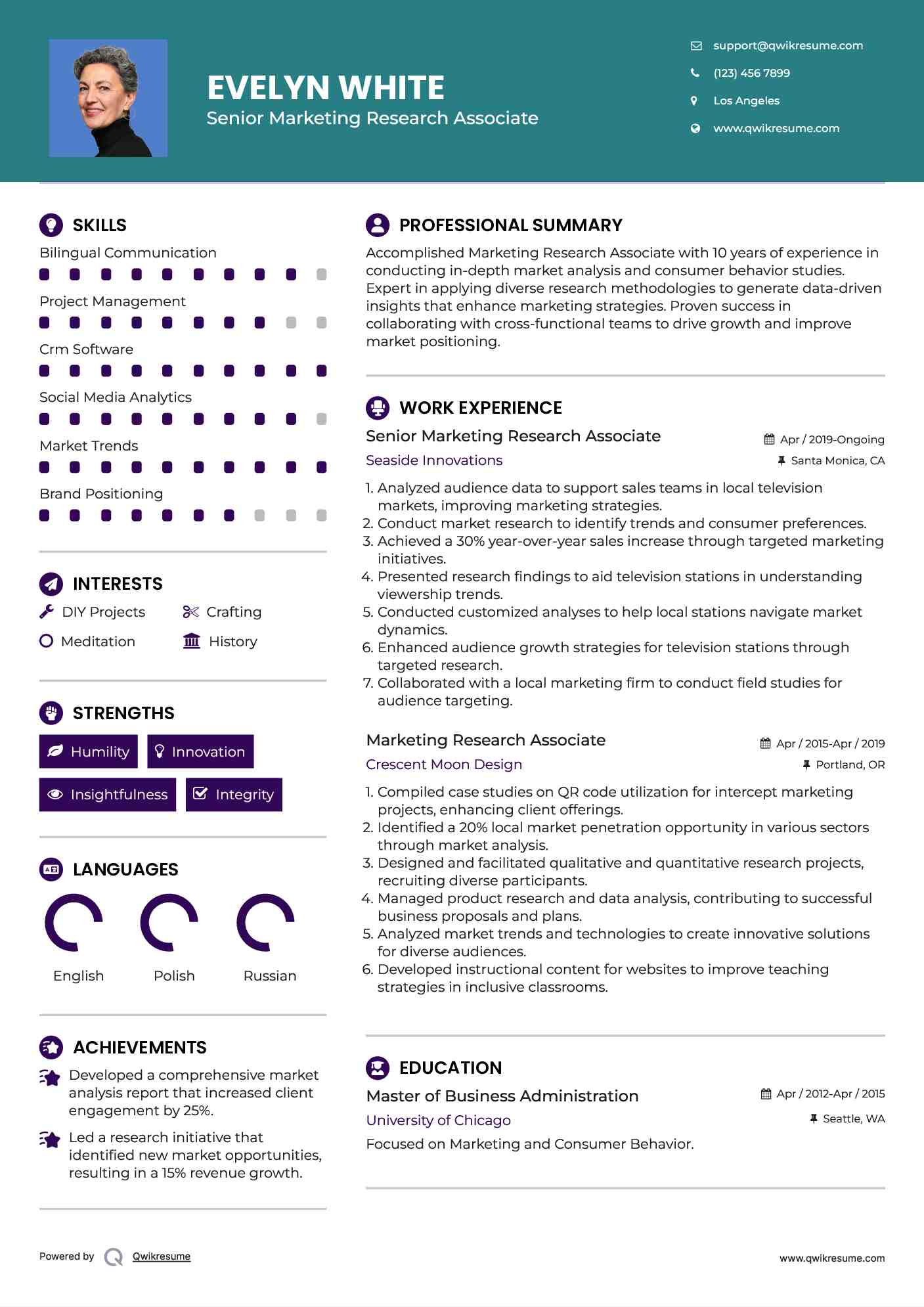 Senior Marketing Research Associate Resume Model