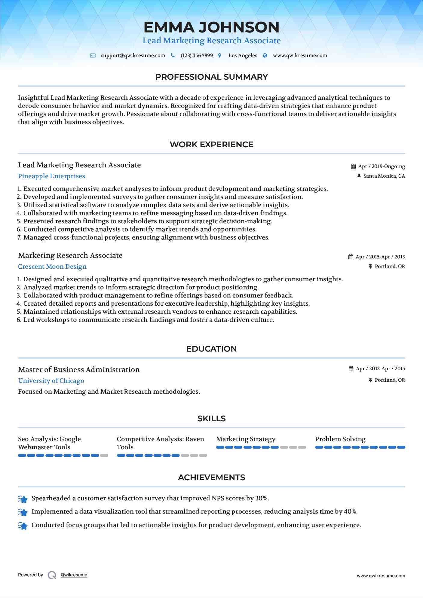Lead Marketing Research Associate Resume Example