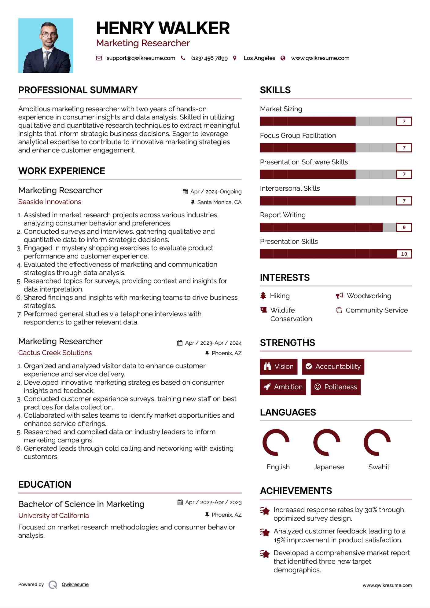 Marketing Researcher Resume Model