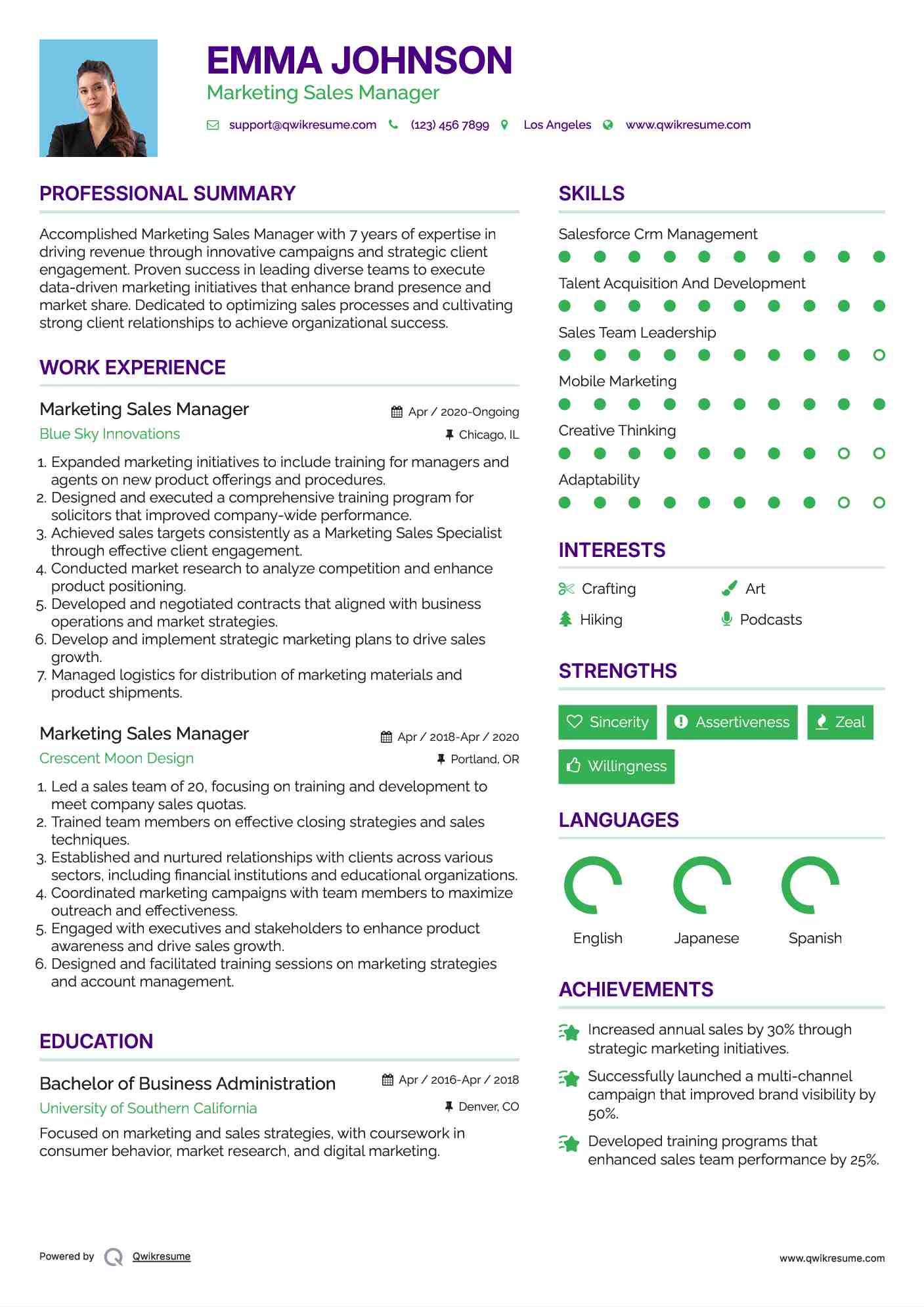 Marketing Sales Manager Resume Model