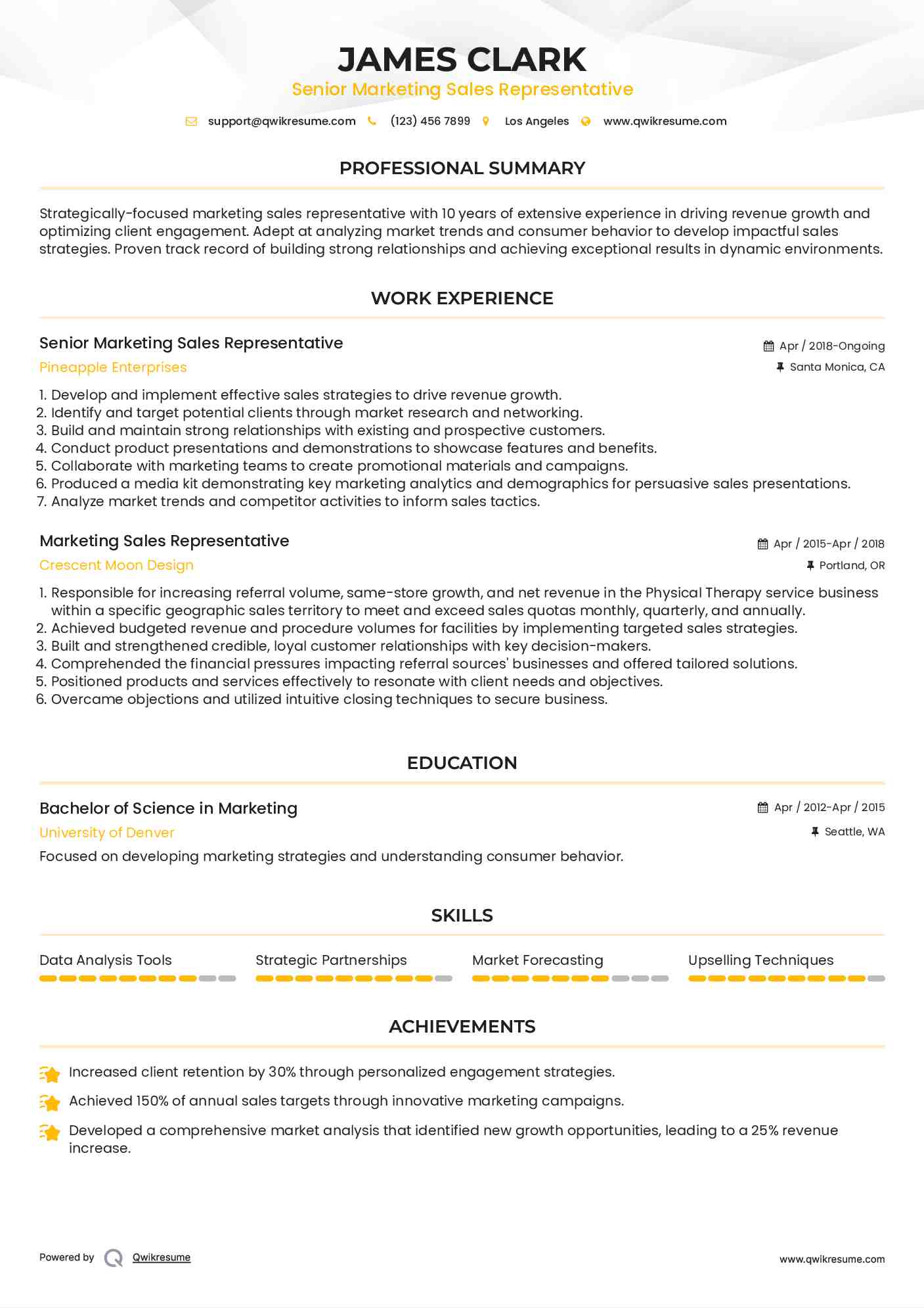 Senior Marketing Sales Representative Resume Model