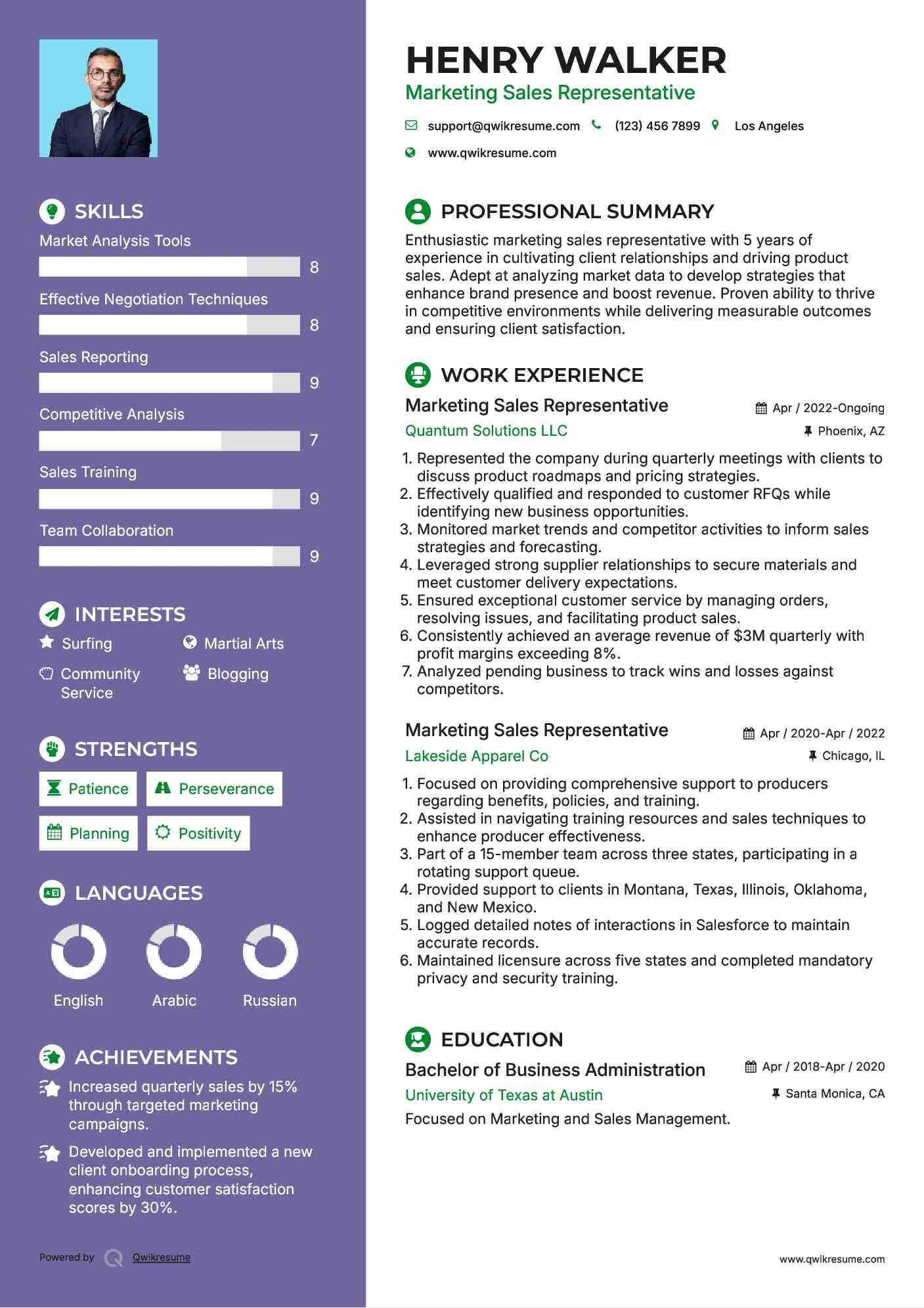 Marketing Sales Representative Resume Sample