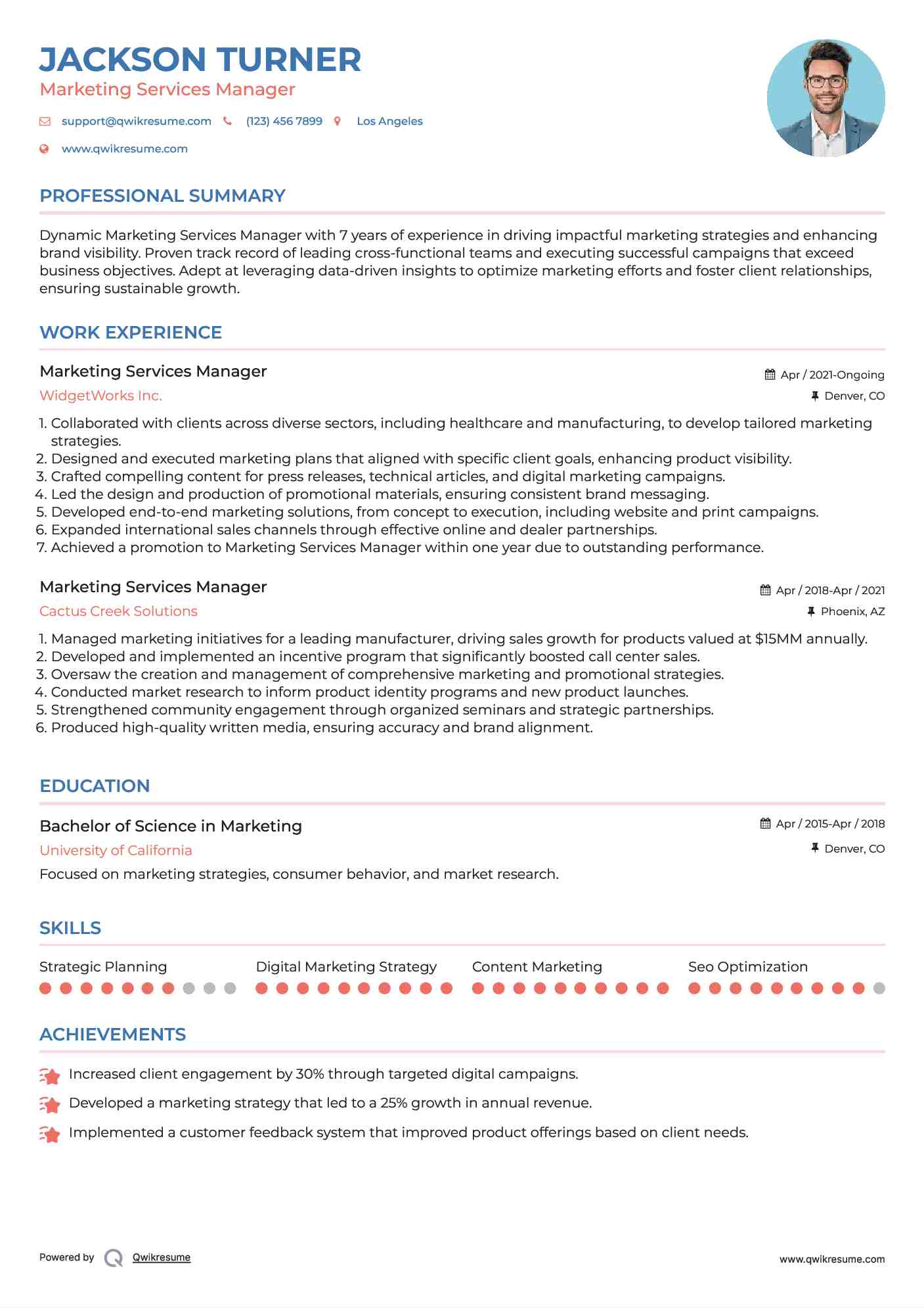 Marketing Services Manager Resume Format