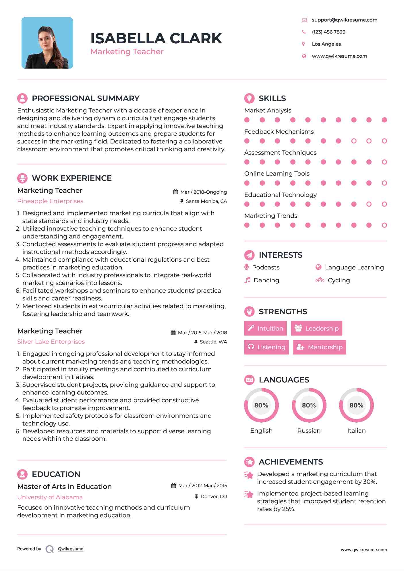 Marketing Teacher Resume Sample