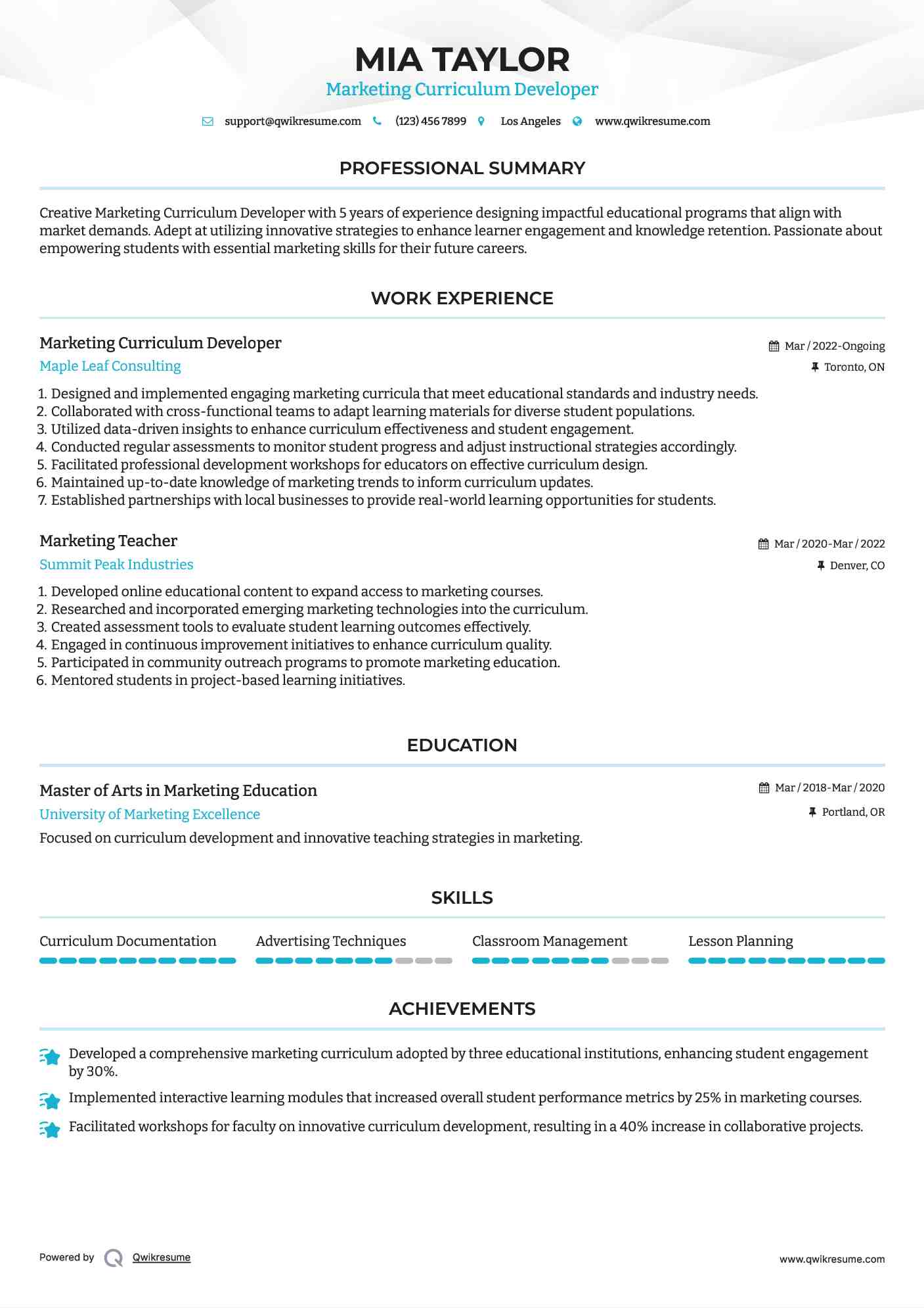 Marketing Curriculum Developer Resume Model