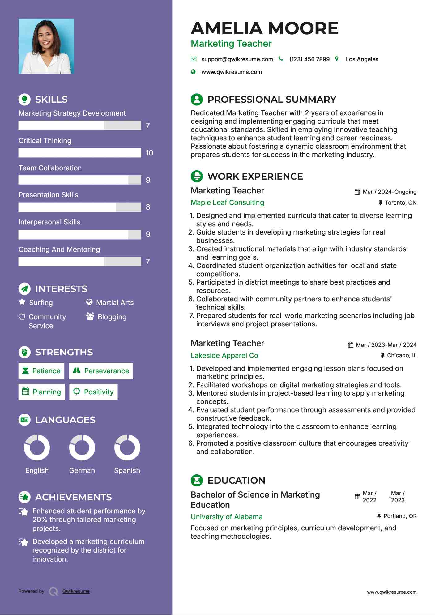 Marketing Teacher Resume Sample