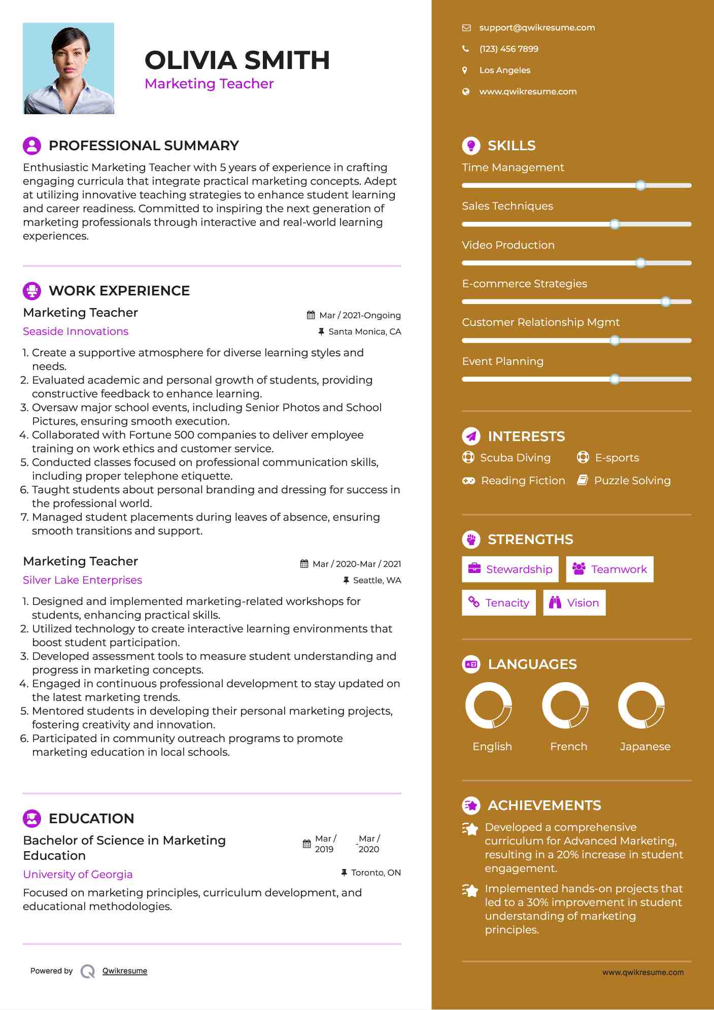 Marketing Teacher Resume Example