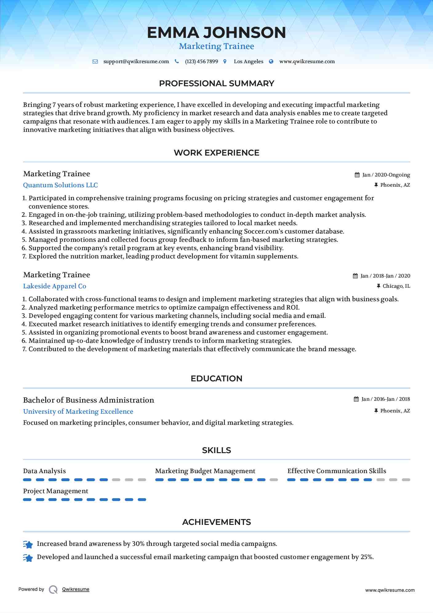 Marketing Trainee Resume Model
