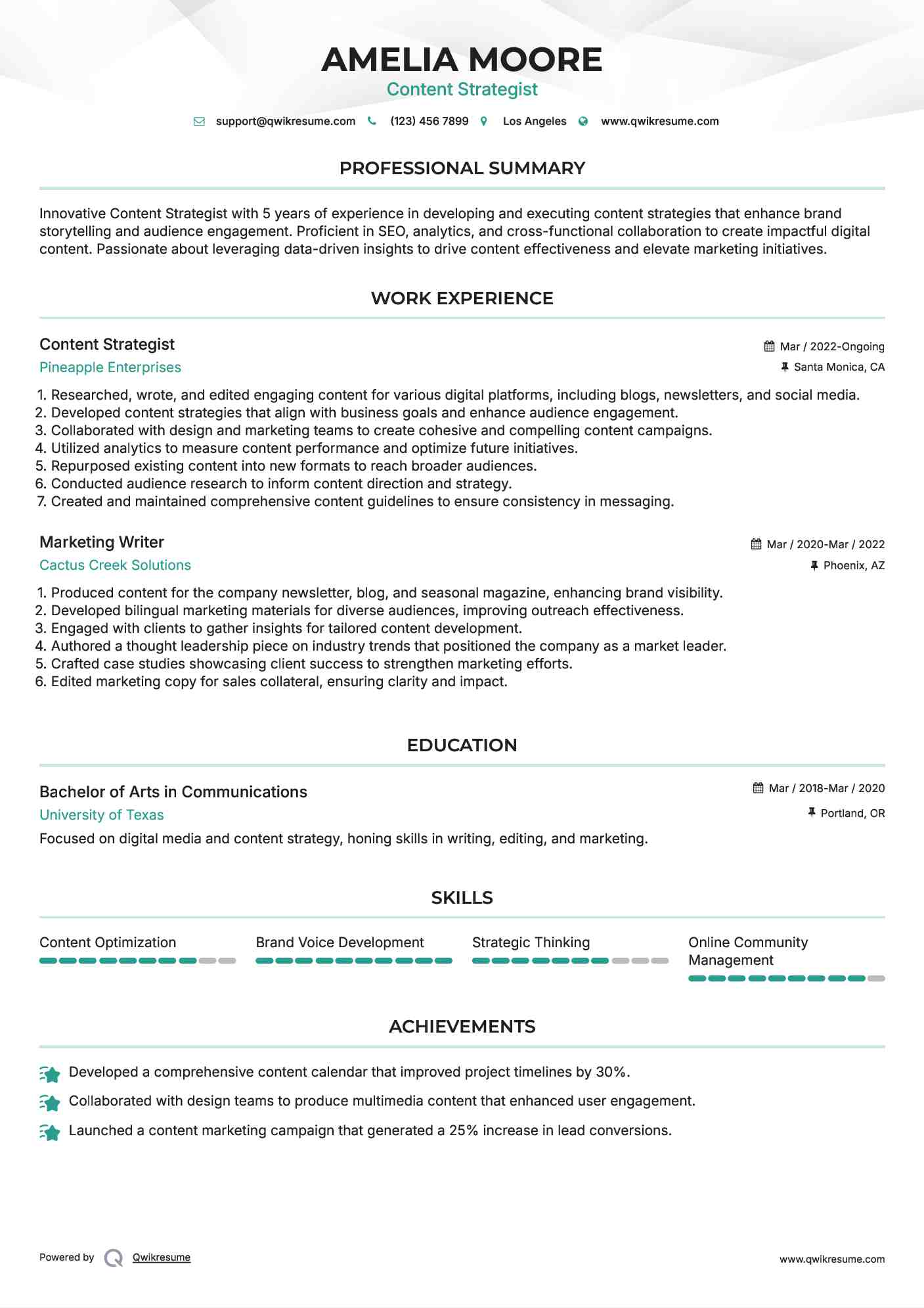 Content Strategist Resume Sample