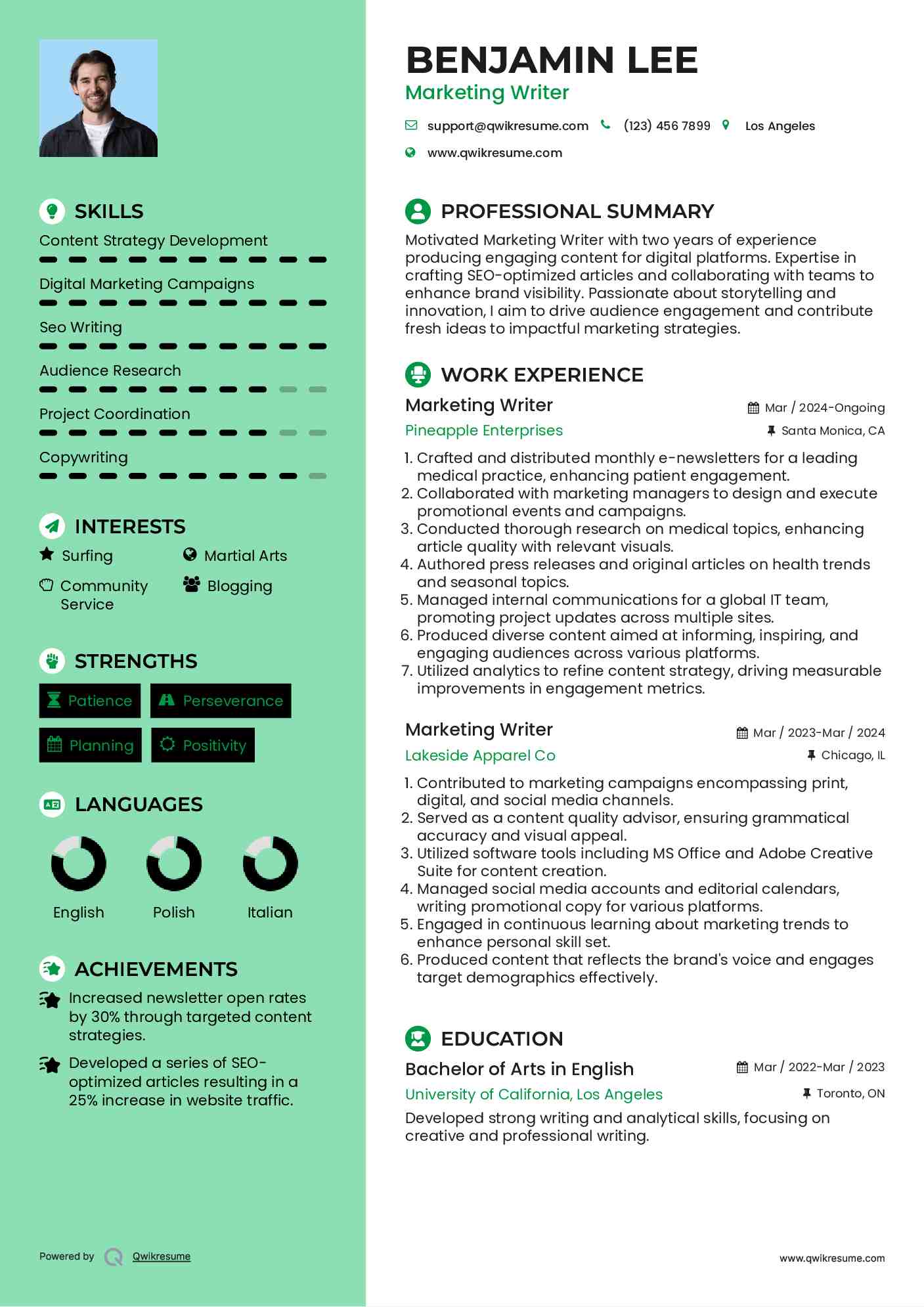 Marketing Writer Resume Template