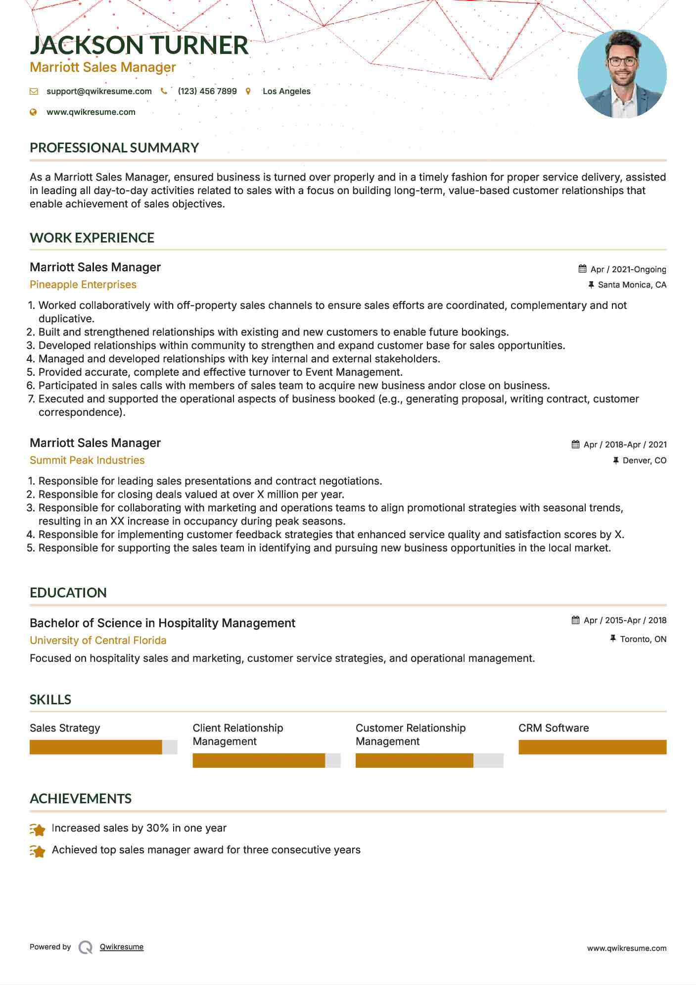 Marriott Sales Manager Resume Template