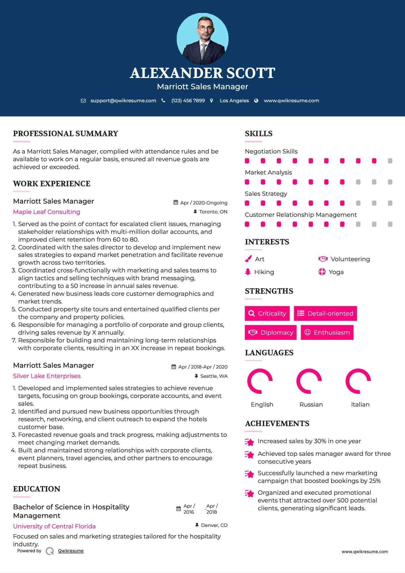 Marriott Sales Manager Resume Model