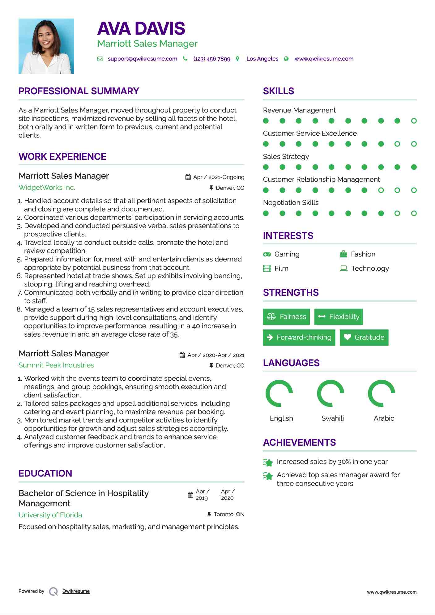 Marriott Sales Manager Resume Format