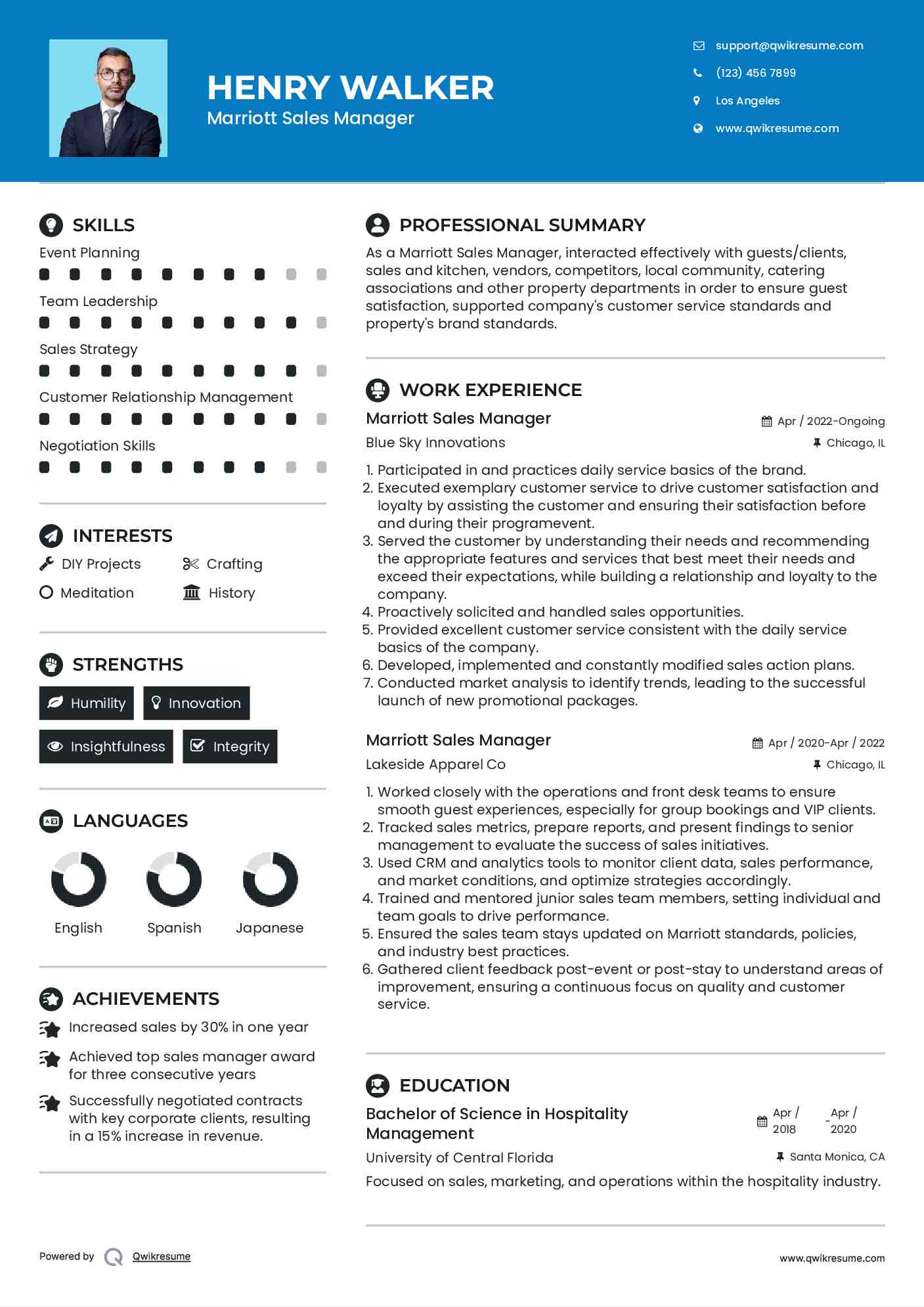 Marriott Sales Manager Resume Sample